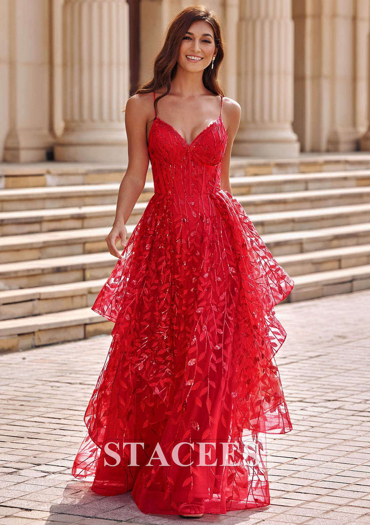 red a line v neck prom dress Stacees A-line Lace Floral Sequins Ruffled in Fuchsia XXL (16) Emerald Green Off Shoulder Color:Dusk Hot Pink