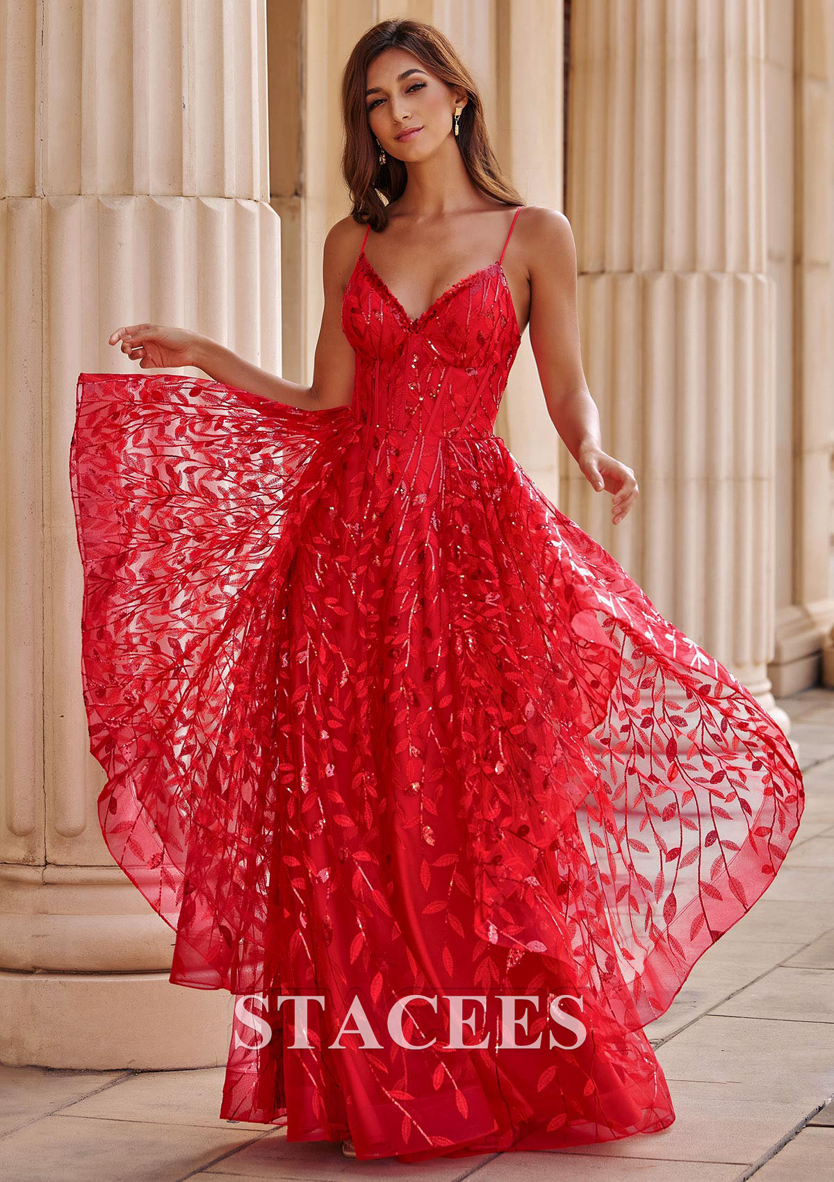 Rouge Trapèze col en v tulle ras du sol robe de bal - STACEES