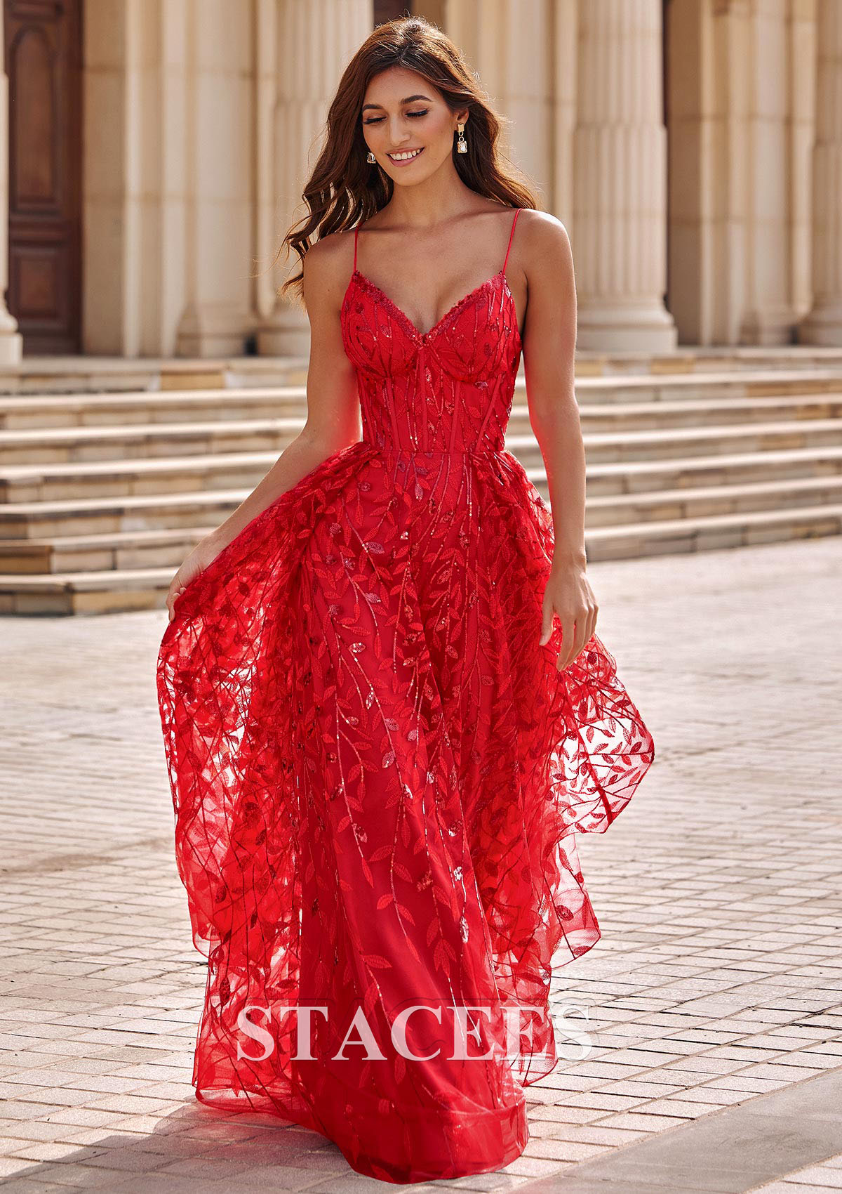 Rouge Trapèze col en v tulle ras du sol robe de bal - STACEES