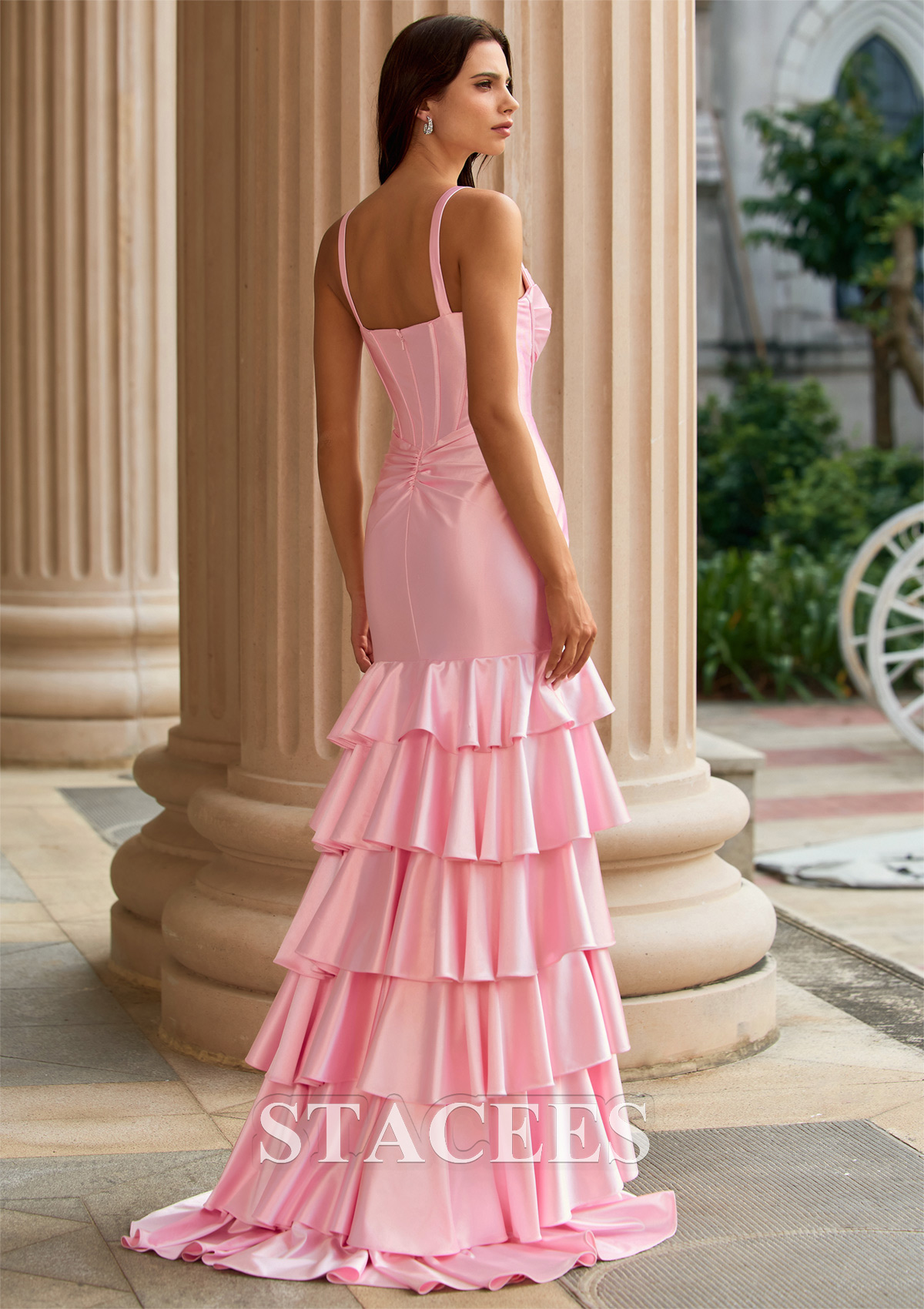 Blushing Pink Halter Ruched Corset Tiered Ruffle Sweep Train Prom Dress with High Slit - STACEES