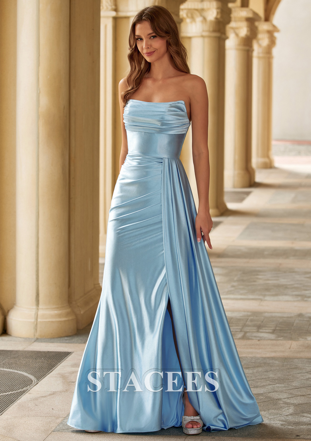 Sky Blue Fitted Strapless Ruched Corset Prom Dress with Side Drape Slit - STACEES