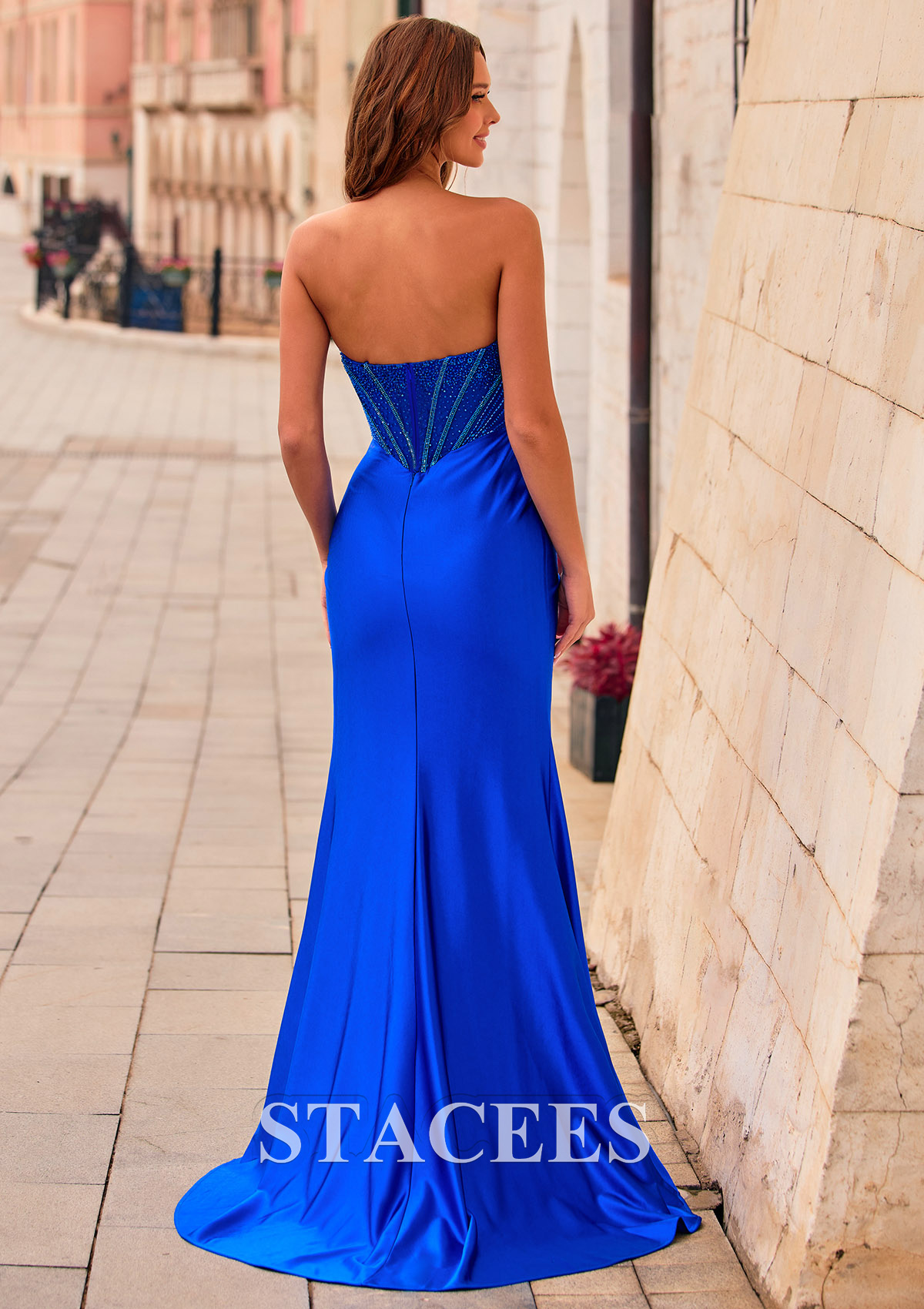 Bleu Royal Fourreau scoop soie comme du satin traîne balayage robe de bal avec perles plissé - STACEES