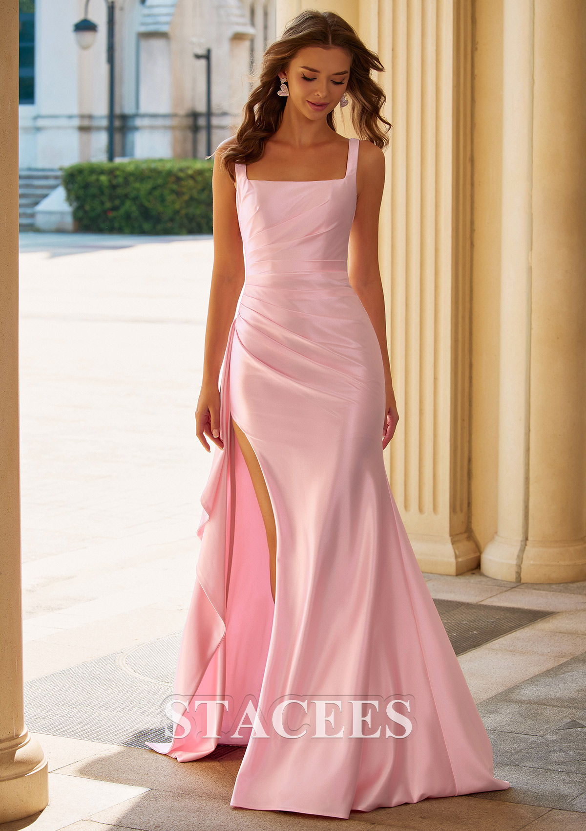 Blushing Pink Sheath Square Neckline Ruched Prom Dress with Side Cascading Ruffles Slit - STACEES
