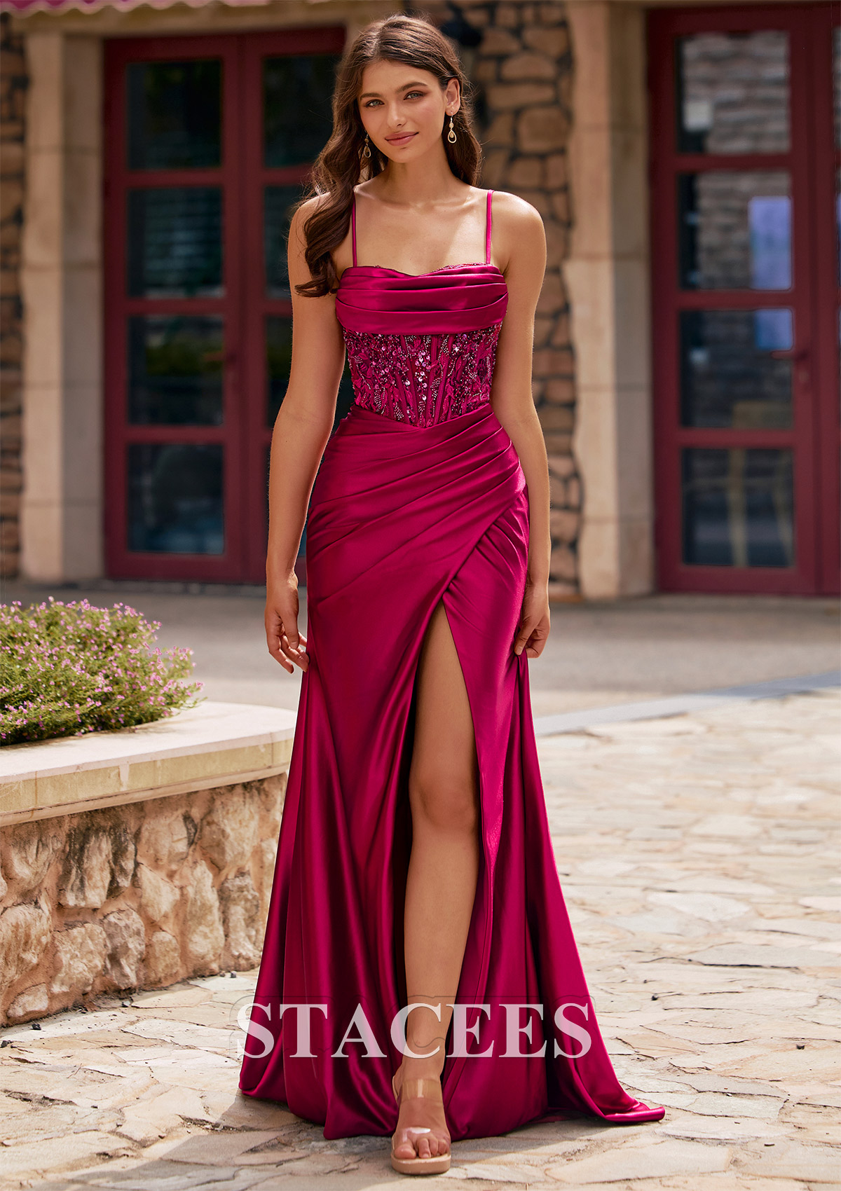 Burgundy Fitted Beaded Sequins Ruched Corset Slit Prom Dress - STACEES