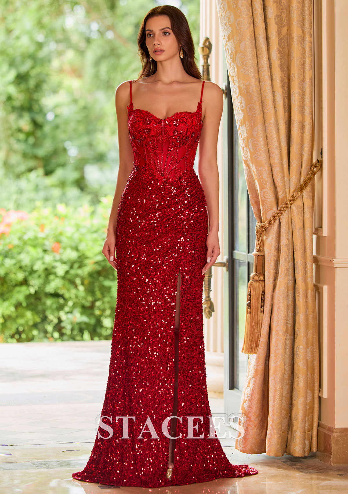 Red Fitted Beaded Corset Sequin Prom Dress with Spaghetti Straps and High Slit - STACEES