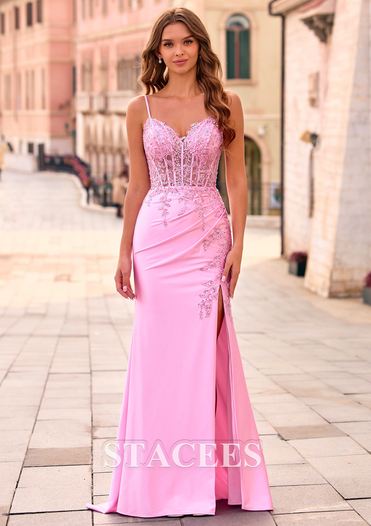 Rose Rougissant Fourreau col en v soie comme du satin traîne balayage robe de bal avec perles plissé fendue - STACEES