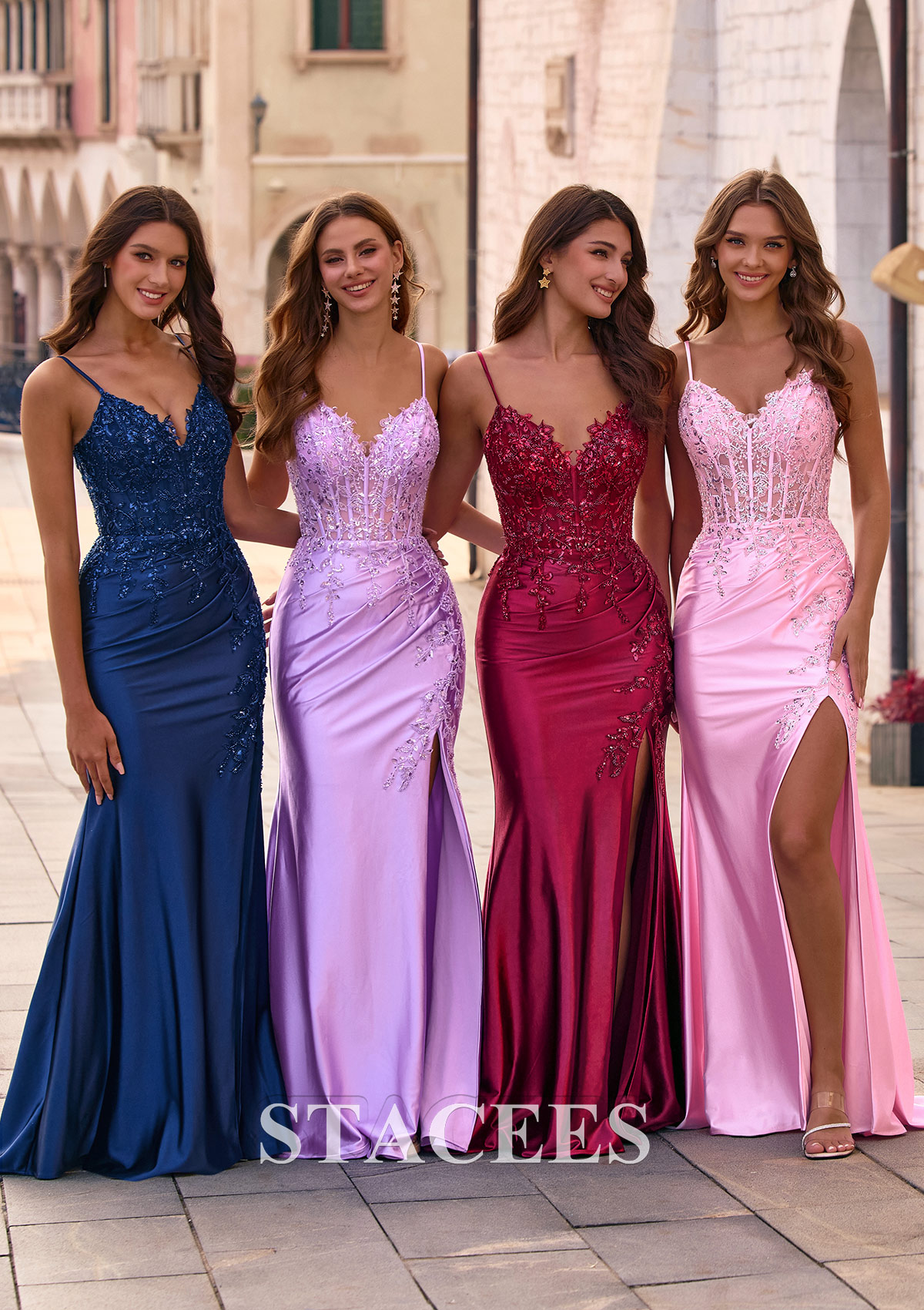 Dark Navy Fitted V Neck Beaded Sheer Corset Prom Dress with Slit - STACEES