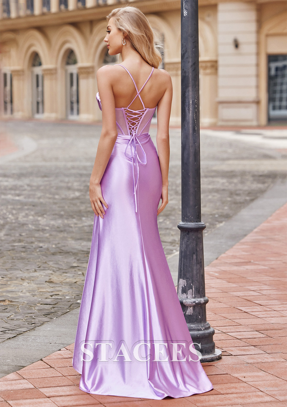 Lilas Trumpette/Sirène col bénitier soie comme du satin traîne balayage robe de bal - STACEES