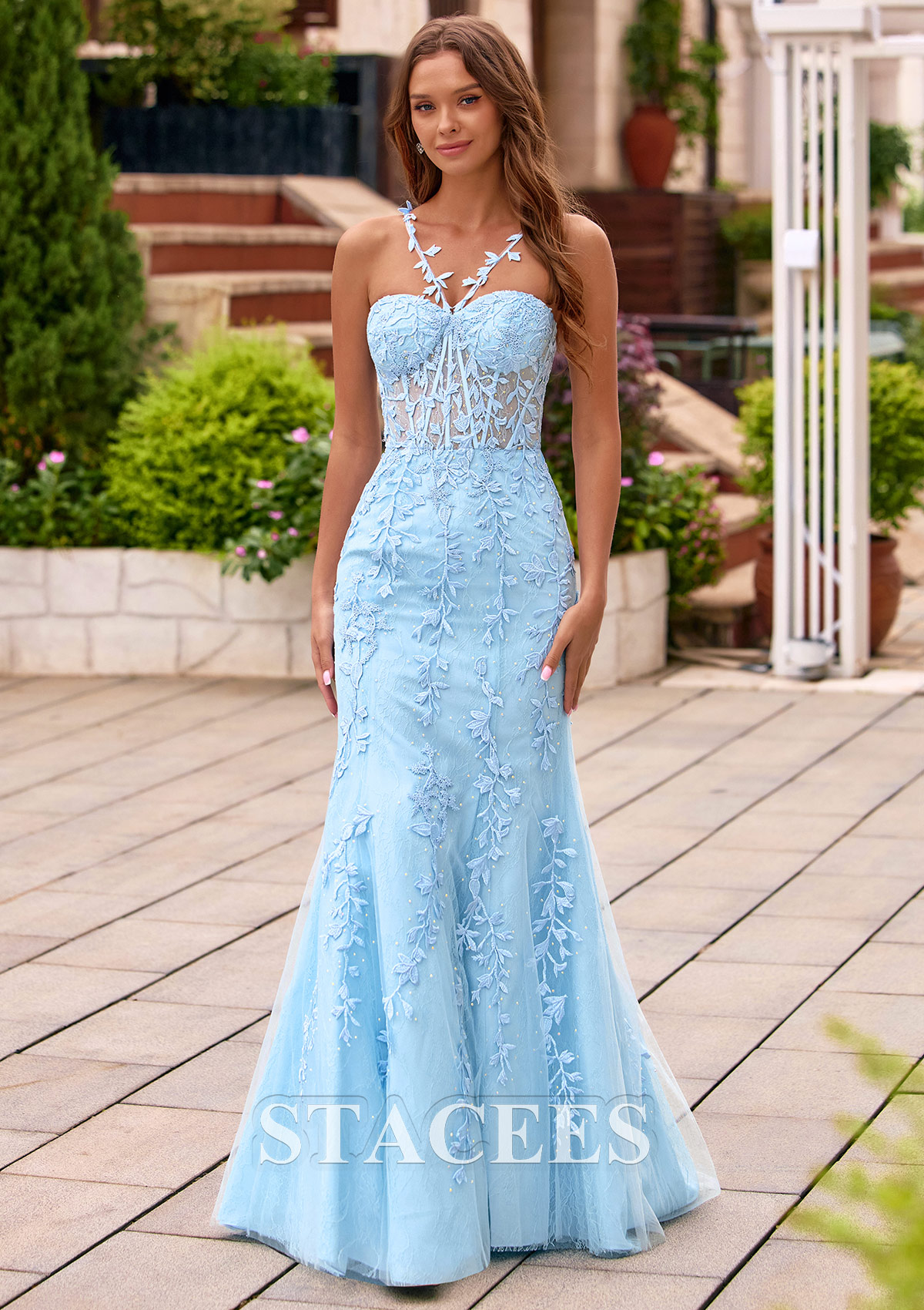 Sky Blue Mermaid Halter Leaf Lace Straps Sheer Boned Corset Prom Dress - STACEES