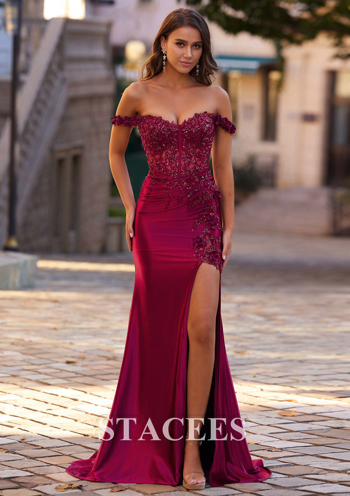 Bordeaux Trumpette/Sirène épaule dénudée soie comme du satin traîne balayage robe de bal  - STACEES