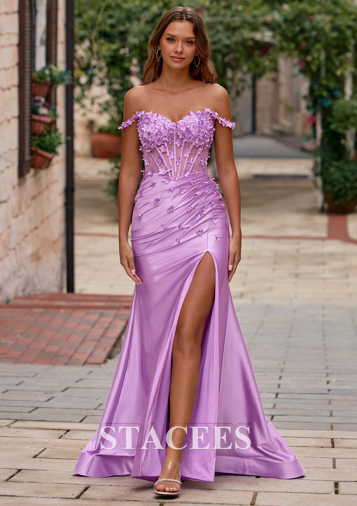 Lilas Trumpette/Sirène cache coeur soie comme du satin traîne balayage robe de bal avec perles fleurs - STACEES