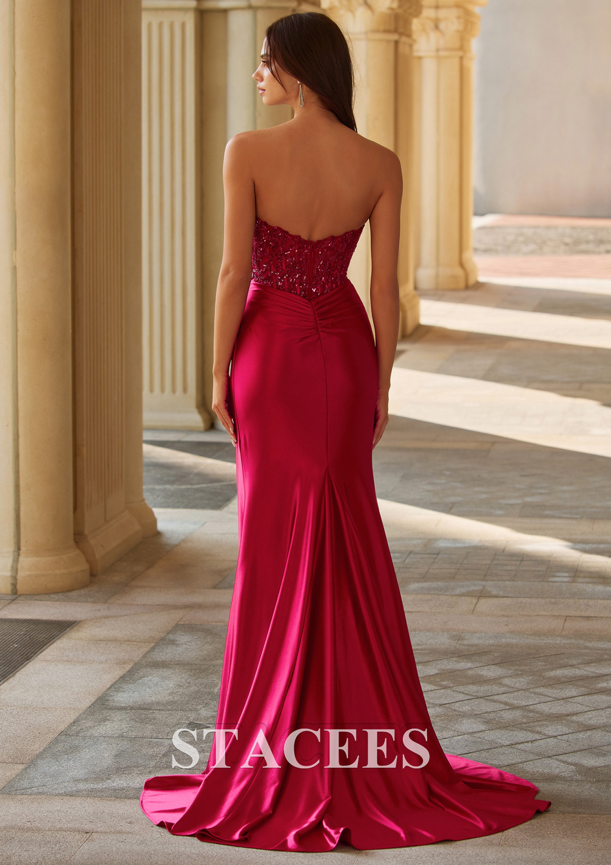 Burgundy Mermaid Strapless Beaded Corset Backless Prom Dress with High Slit - STACEES