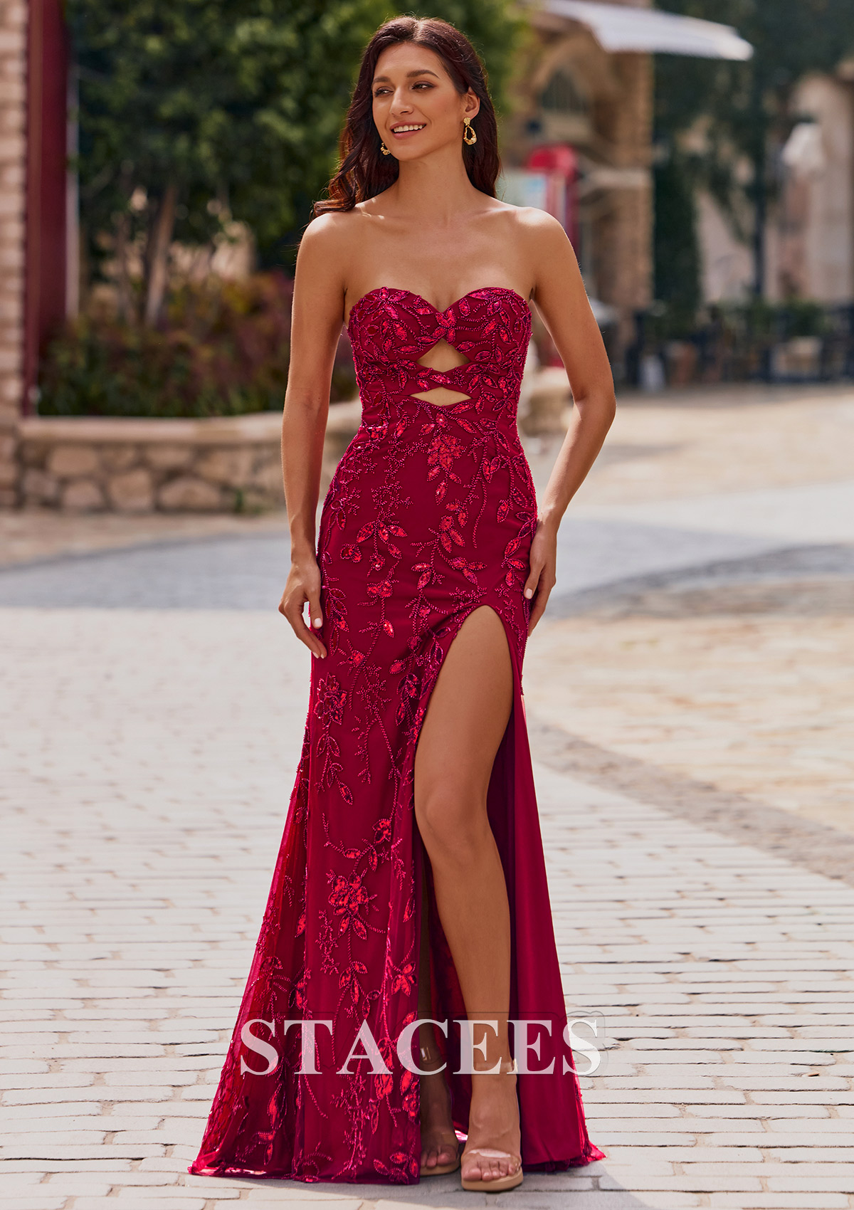 Bordeaux Trumpette/Sirène cache coeur tulle longueur ras du sol robe de bal avec perles trou de serrure - STACEES