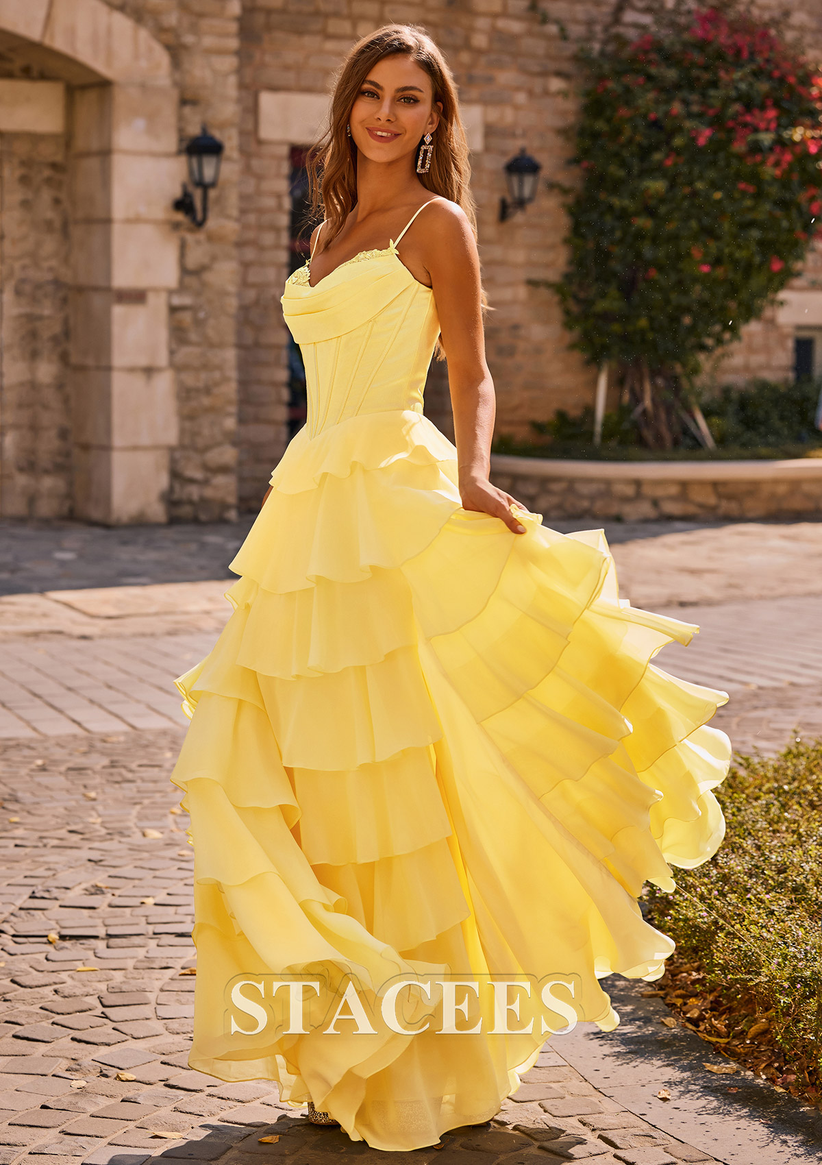 Daffodil A-line Cowl Neck Chiffon Satin Layered Ruffle Prom Dress with Applique Slit - STACEES