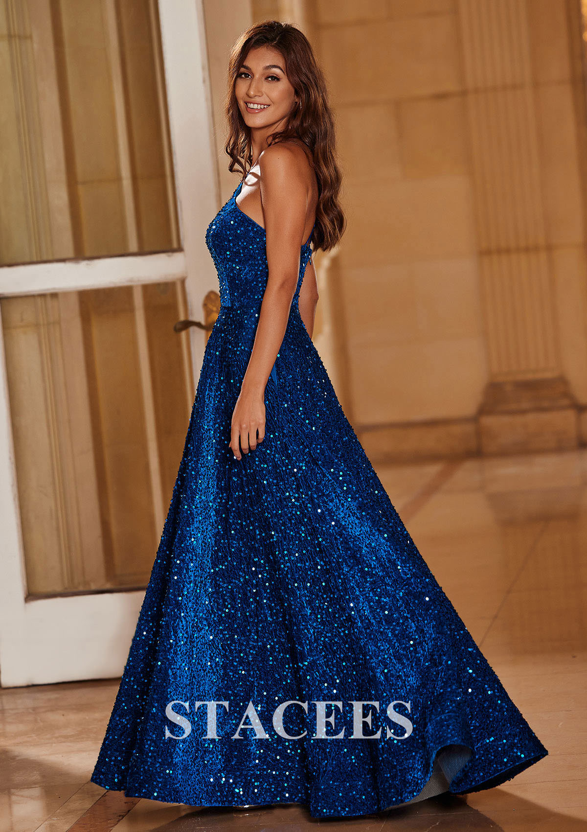 Royal Blue A-line One-Shoulder Velvet Sequins Floor-Length Prom Dress with Pockets - STACEES