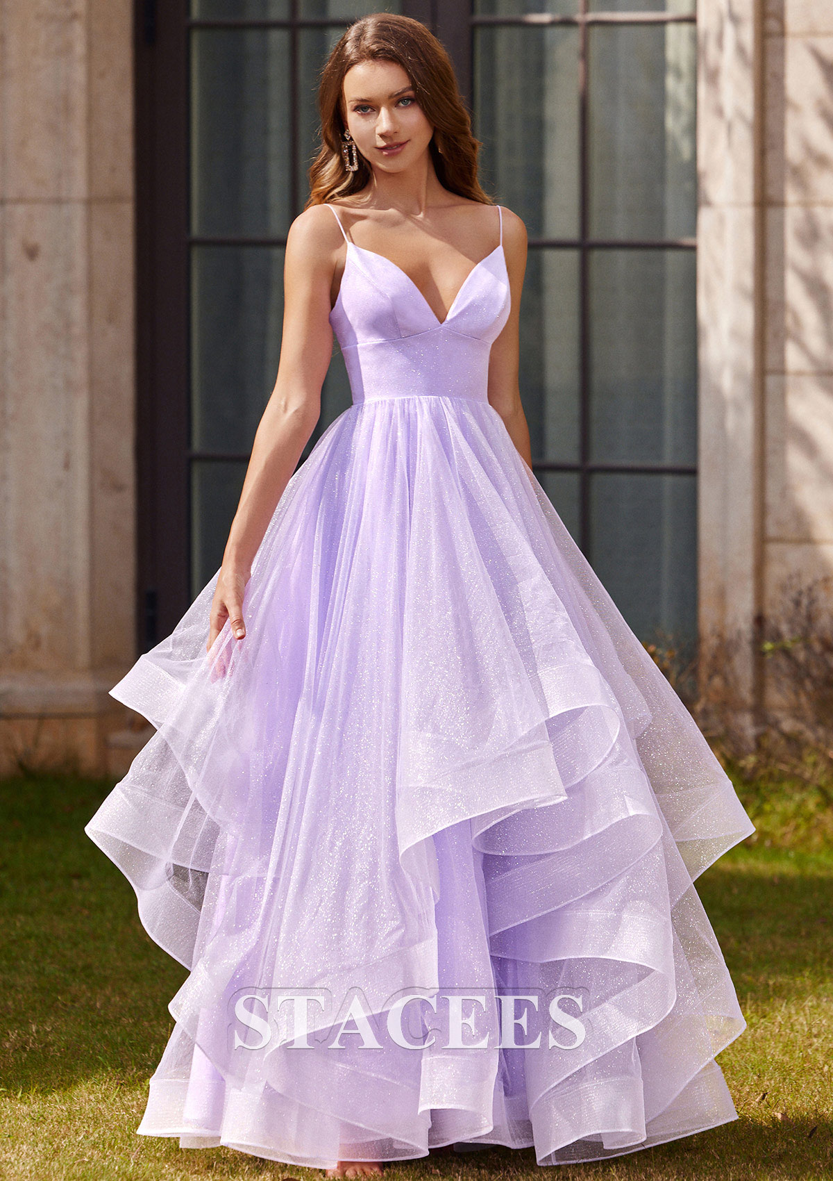 Lilac A-line Princess V Neck Floor-Length Tulle Prom Dress with Ruffles Glitter - STACEES