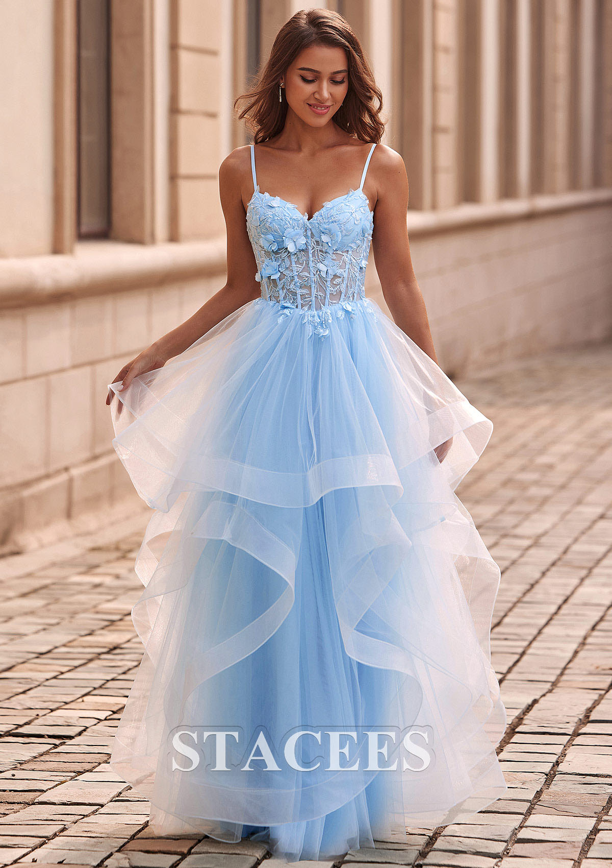 Sky Blue A-line V Neck Sheer Lace Corset Ruffle Prom Dress - STACEES