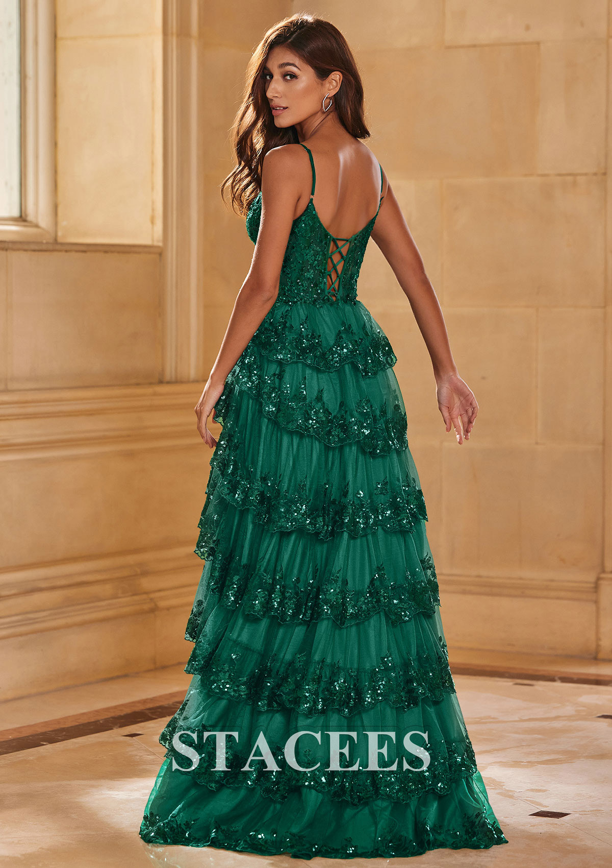 Dark Green A-line Corset Tiered Ruffle Slit Prom Dress with Appliqued Sequins - STACEES