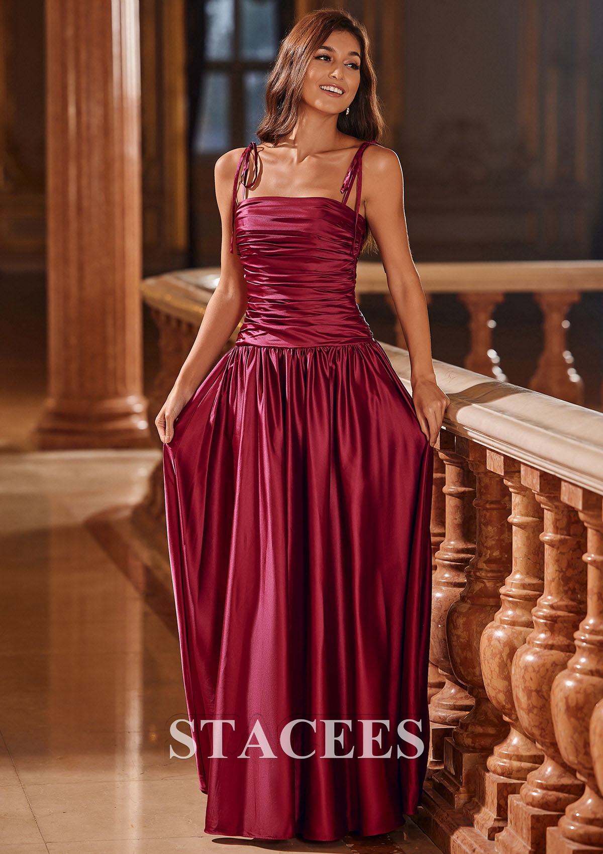 Burgundy A-line Square Neckline Pleated Long Prom Dress with Adjustable Spaghetti Straps - STACEES