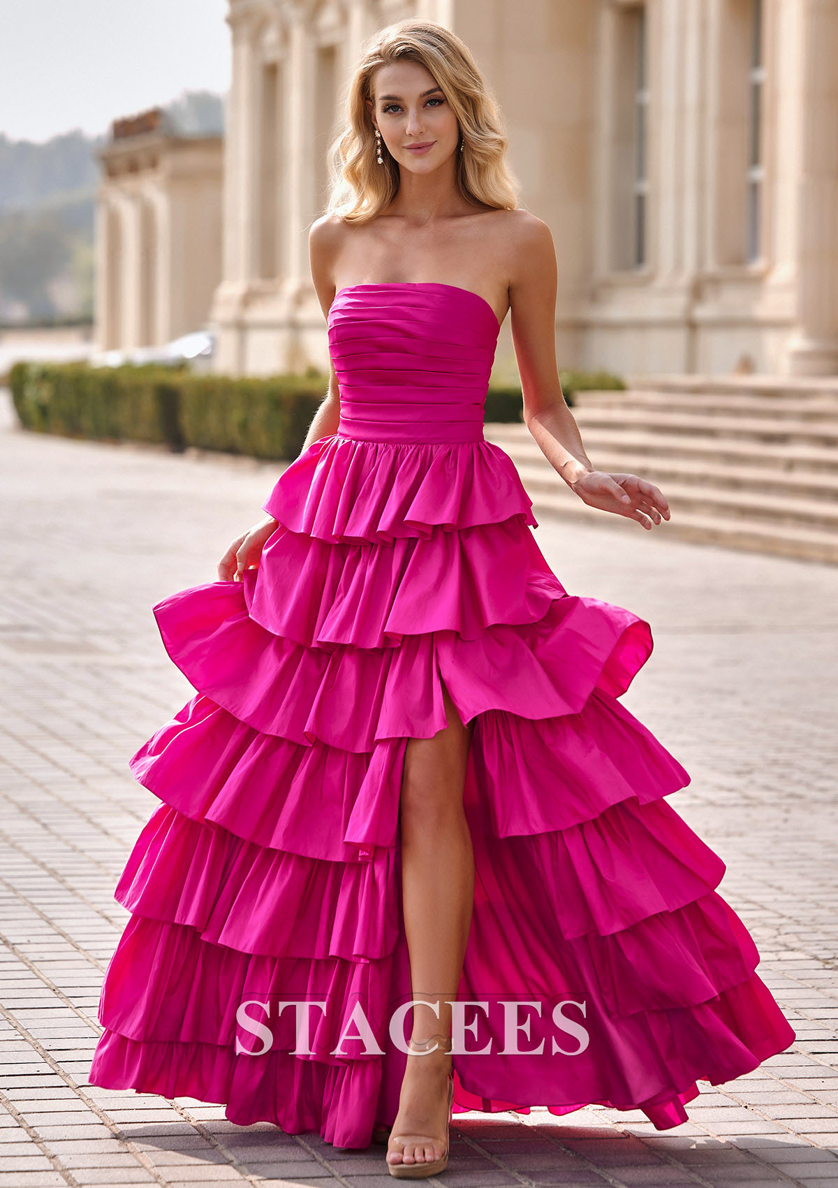 Hot Pink A-line Square Neckline Strapless Ruffled Taffeta Prom Dress with Slit Pleats - STACEES