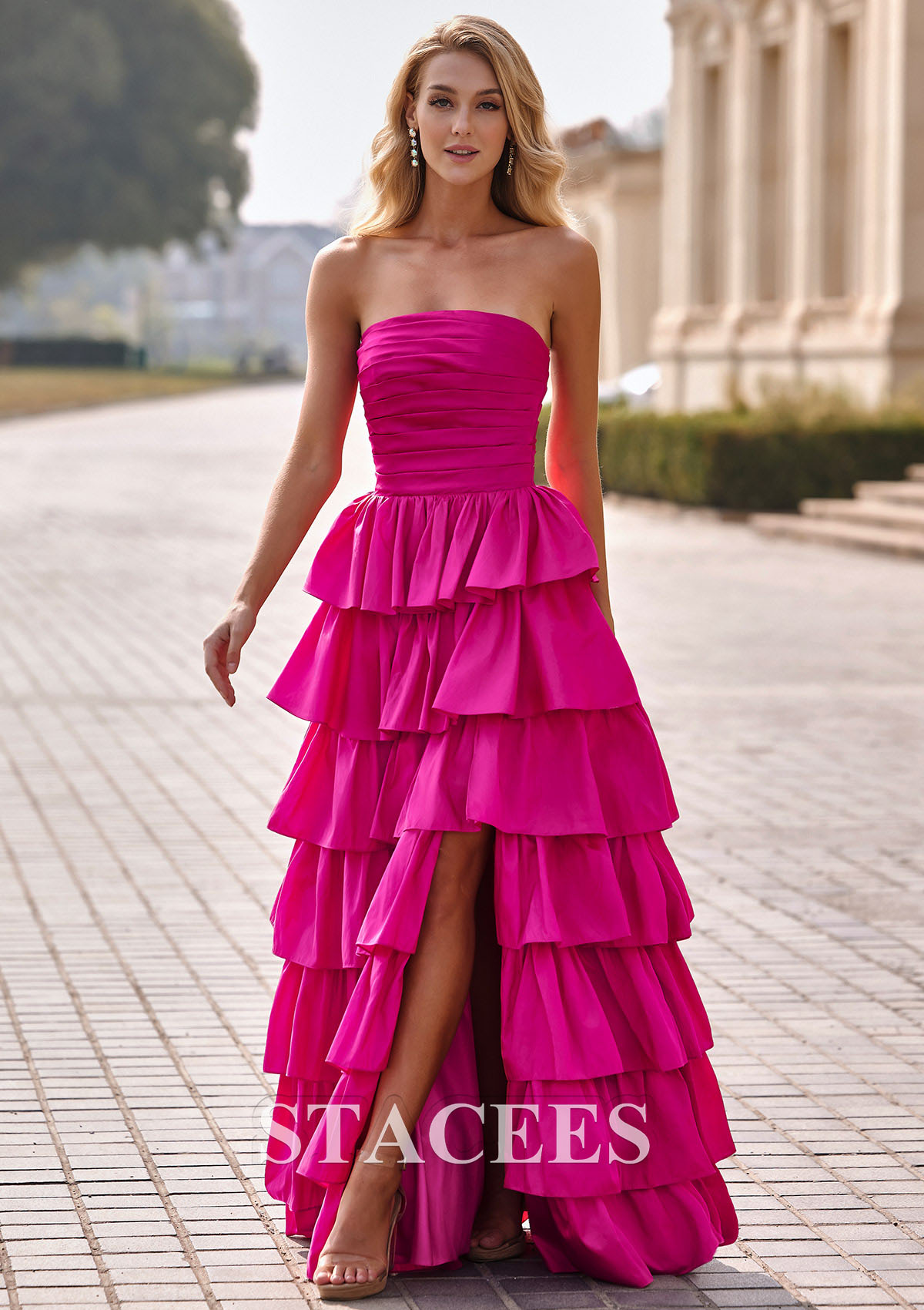 Hot Pink A-line Square Neckline Strapless Ruffled Taffeta Prom Dress with Slit Pleats - STACEES