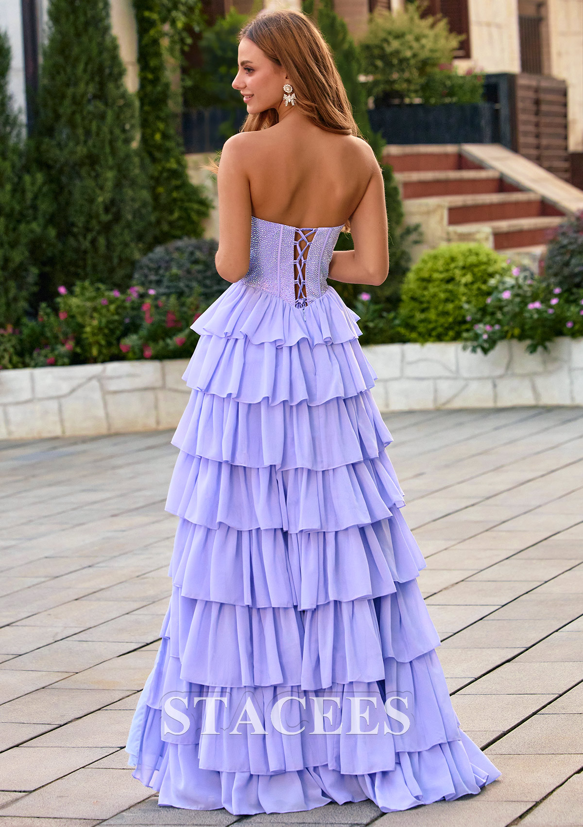 Lavande Trapèze scoop mousseline traîne balayage robe de bal avec strass thermocollant plissé - STACEES