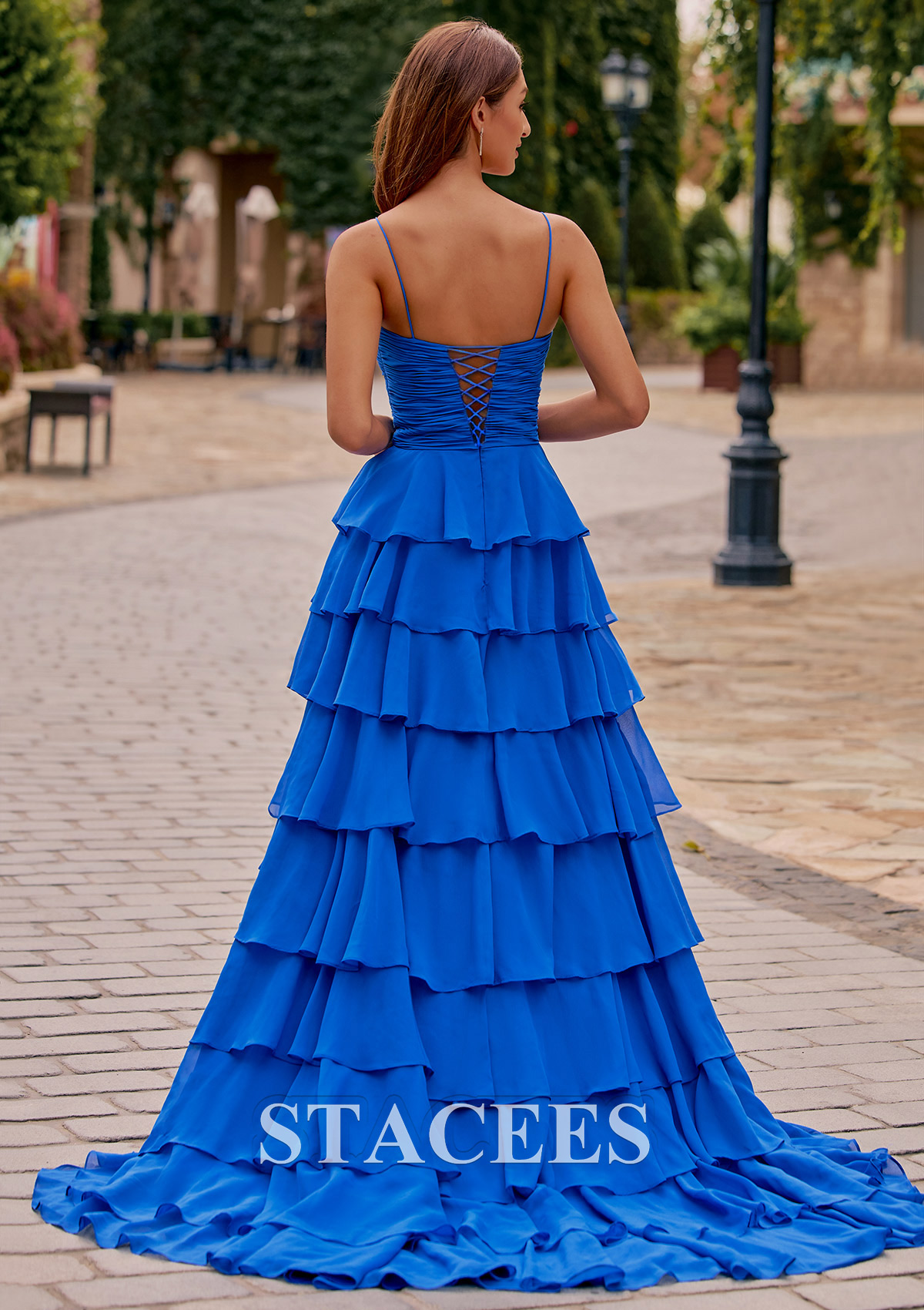 Ocean Blue A-line Rose Sweetheart Cutout Ruched Tiered Ruffle Chiffon Prom Dress with Slit - STACEES
