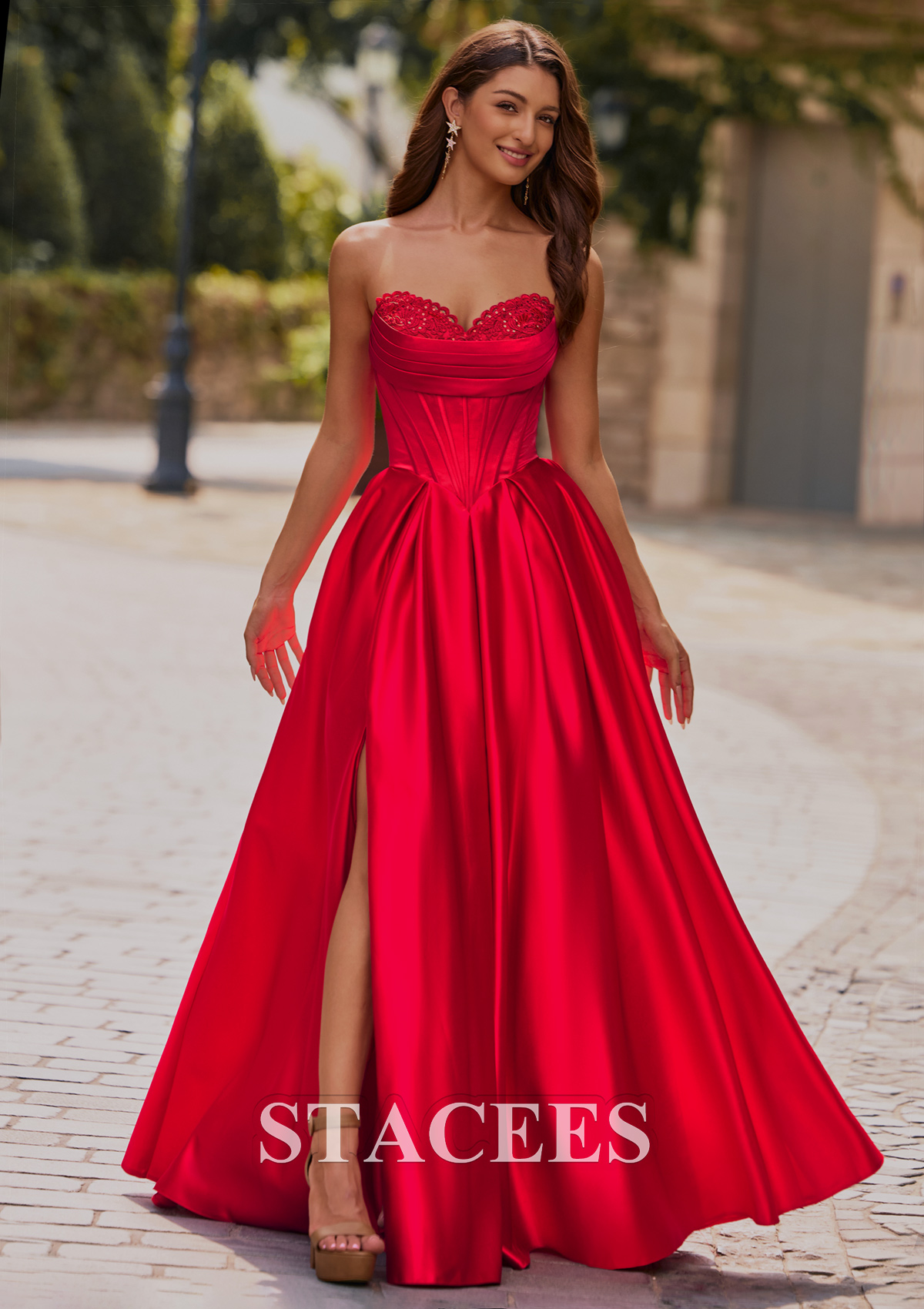 Red A-line Appliqued Ruched Strapless Sweetheart Corset Satin Slit Prom Dress - STACEES