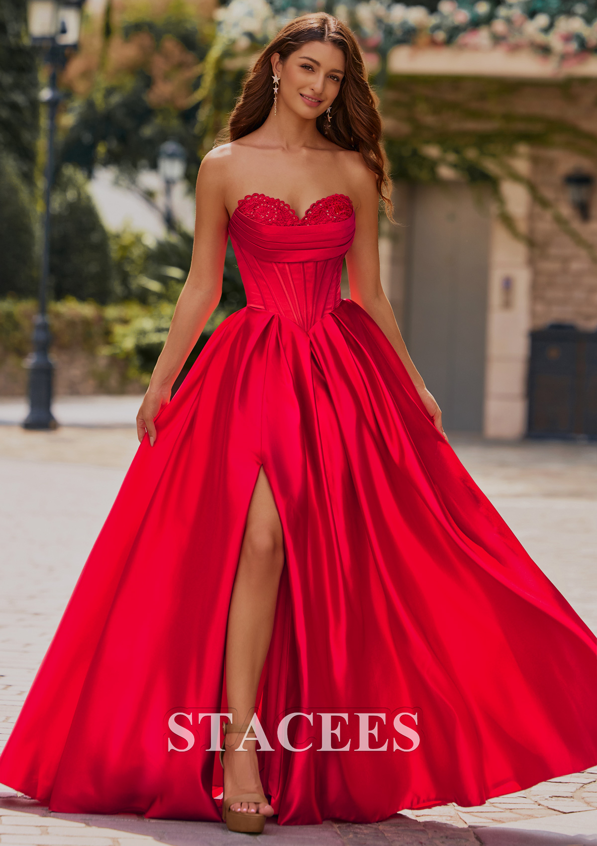 Red A-line Appliqued Ruched Strapless Sweetheart Corset Satin Slit Prom Dress - STACEES