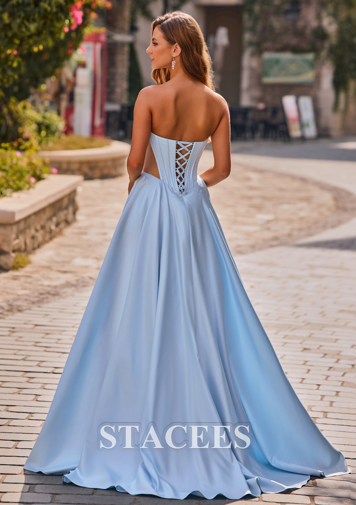 Sky Blue A-line Sweetheart Strapless Cutout Pleated Corset Satin Prom Dress - STACEES