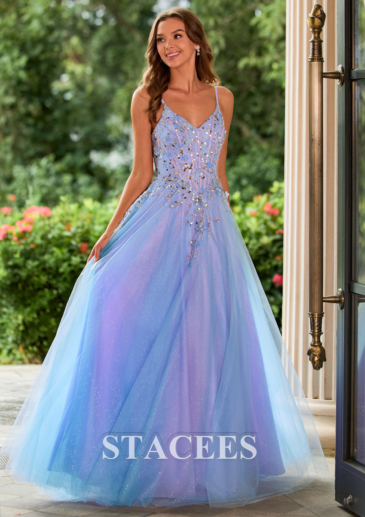 As picture Sparkle A-line Floral Applique Corset Glitter Tulle Prom Dress - STACEES