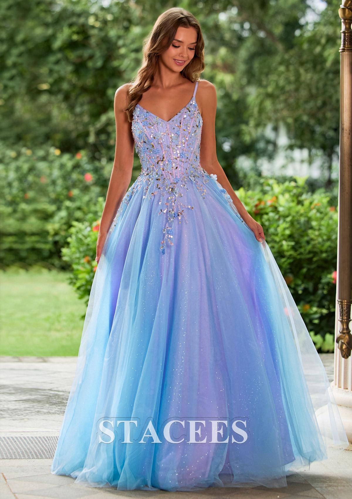 As picture Sparkle A-line Floral Applique Corset Glitter Tulle Prom Dress - STACEES