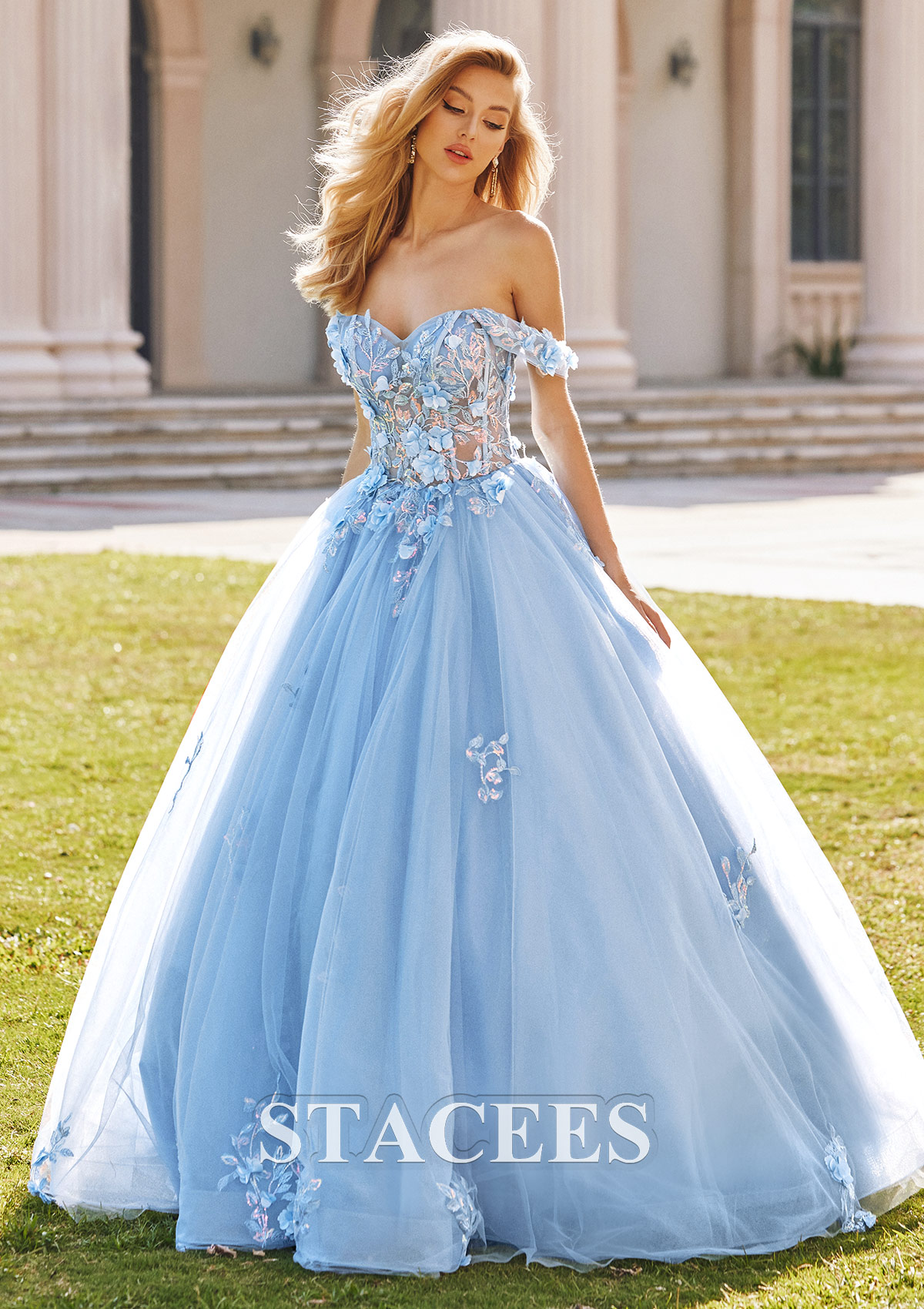Sky Blue Ball Gown Off-the-Shoulder Long Tulle Prom Dress with Appliqued Sequins Petticoat - STACEES