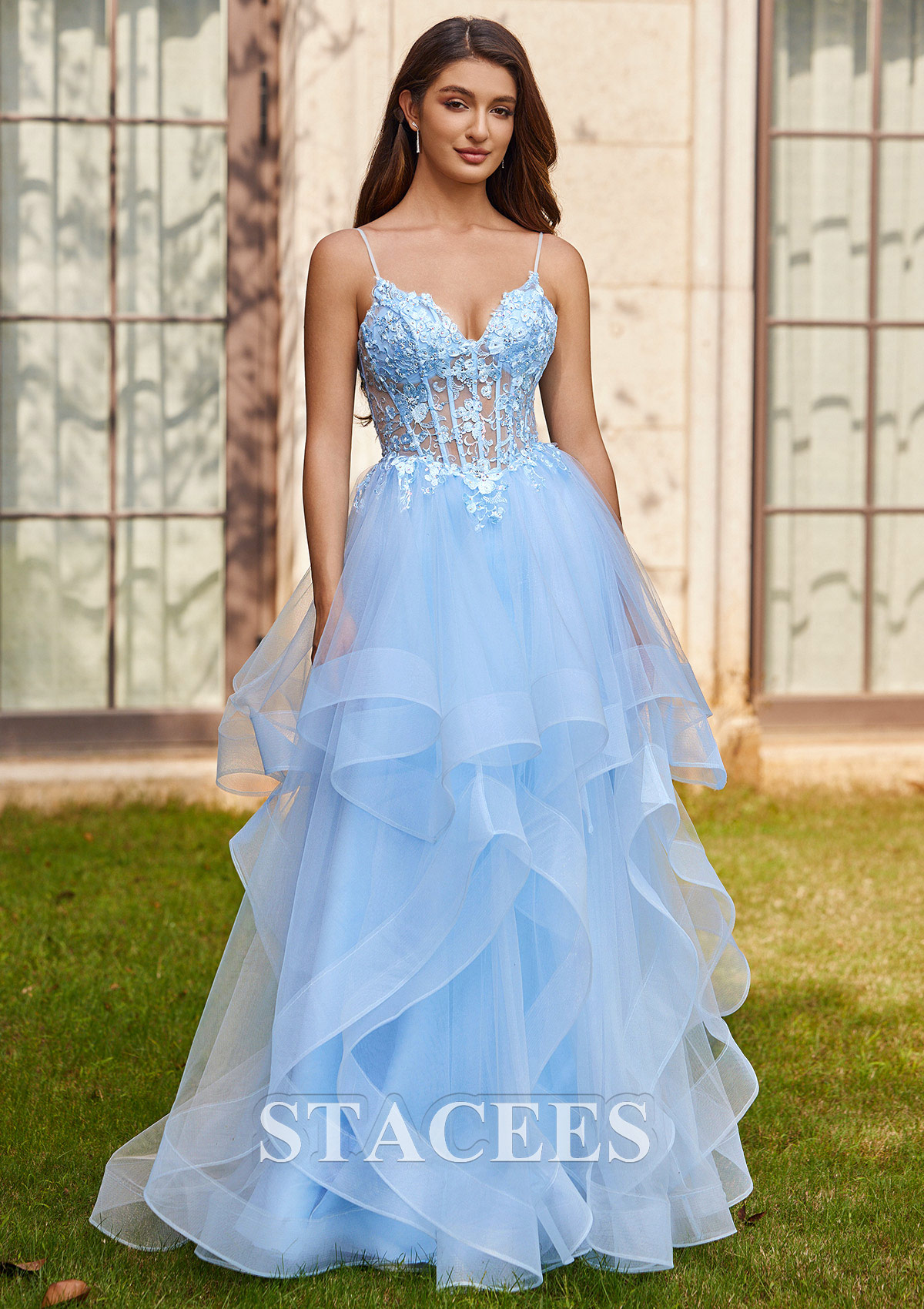 Bleu Ciel Robe marquise col en v tulle traîne balayage robe de bal - STACEES