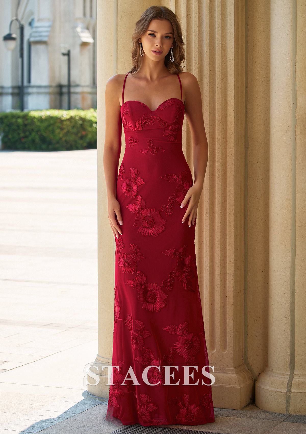 Red Fitted Floral Jacquard Spaghetti Strap Prom Gown with Open Lace-Up Back - STACEES