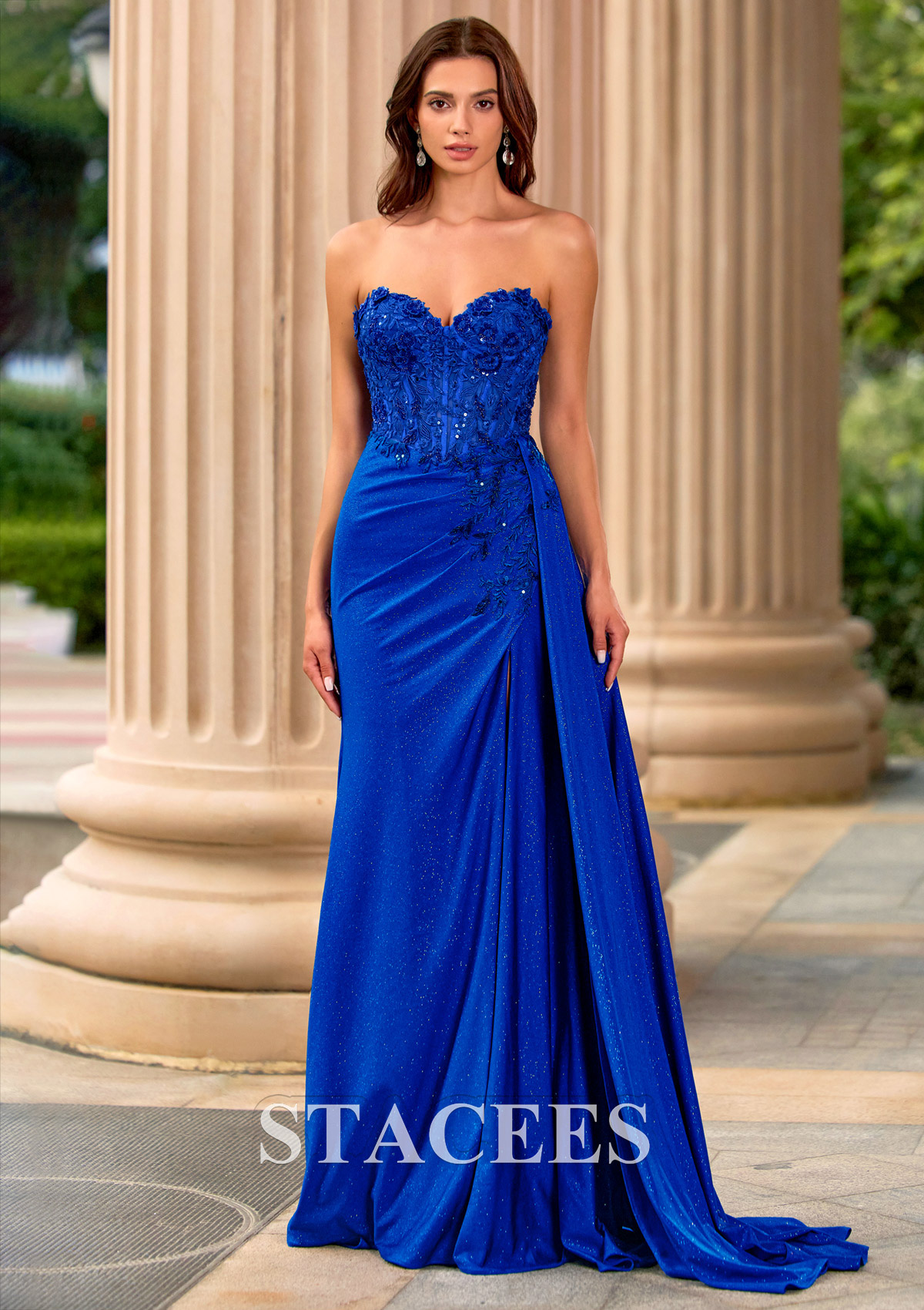 Royal Blue Sparkly Strapless Floral Corset Ruching Slit Prom Dress with Side Draping  - STACEES