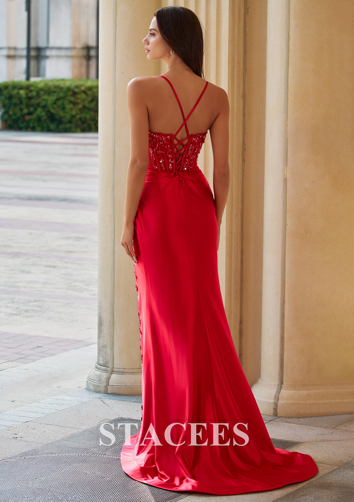 Red Fitted Floral Embellished Corset Slit Prom Dress with Lace-Up Back - STACEES