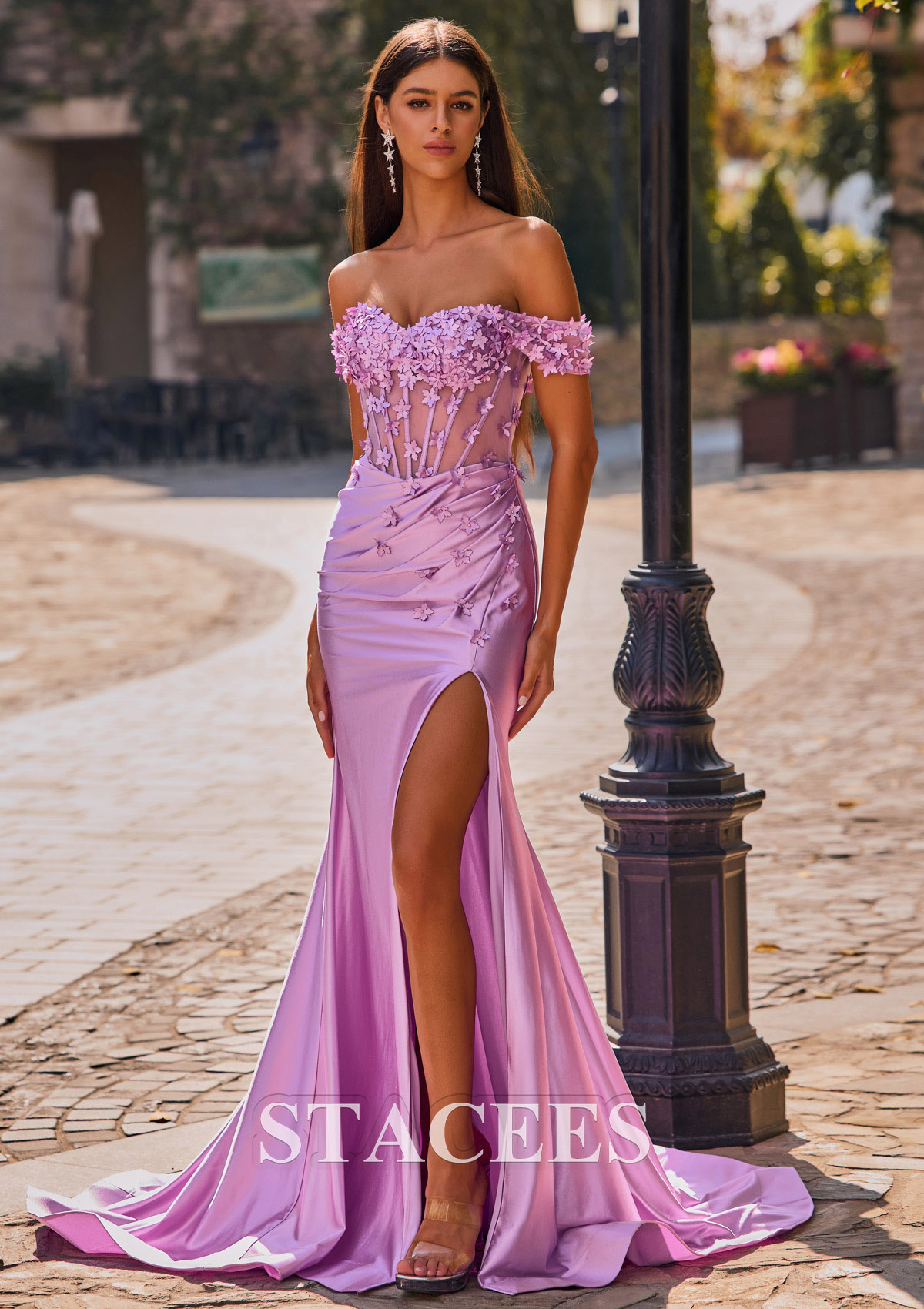 Lilas Trumpette/Sirène épaule dénudée soie comme du satin traîne cour robe de bal  - STACEES
