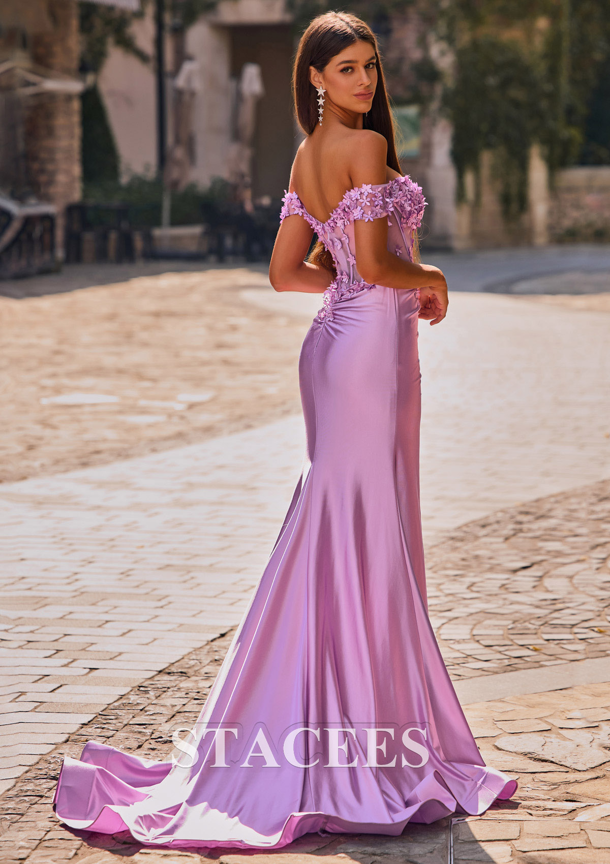 Lilas Trumpette/Sirène épaule dénudée soie comme du satin traîne cour robe de bal  - STACEES