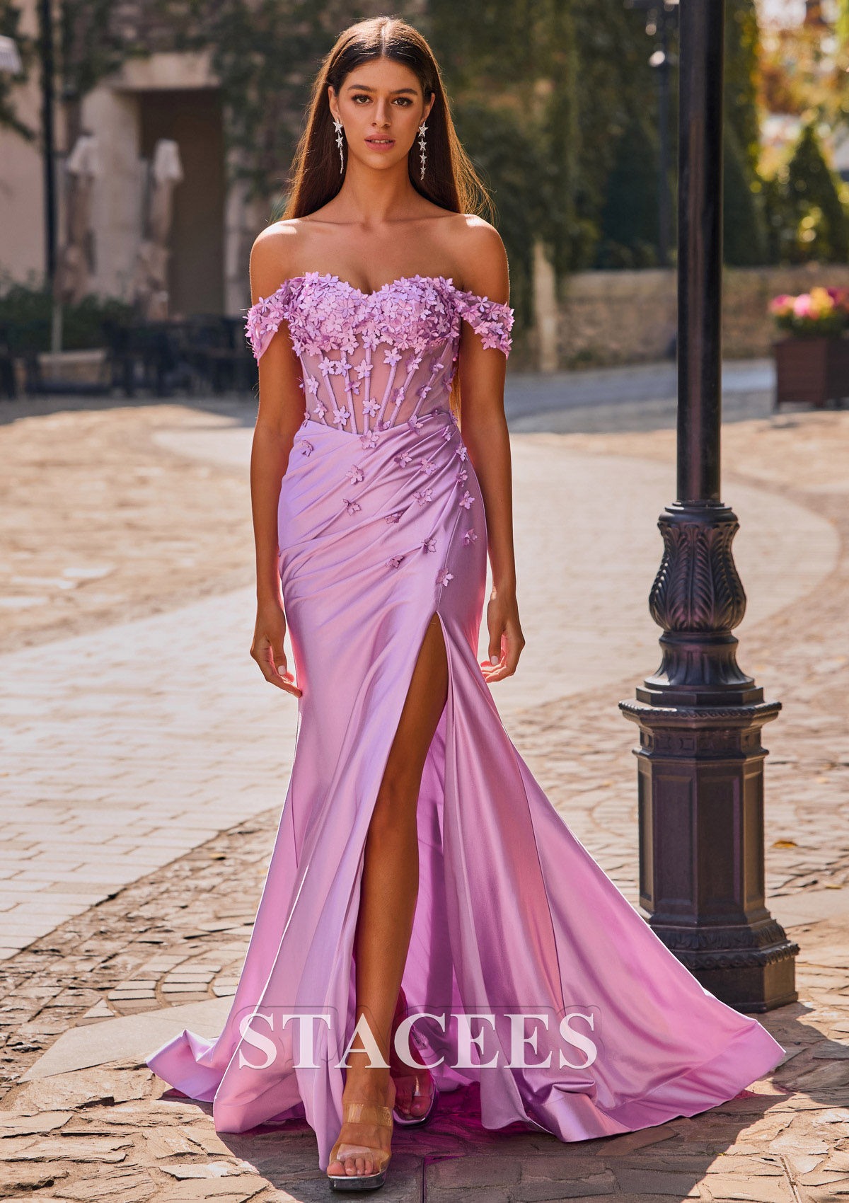 Lilas Trumpette/Sirène épaule dénudée soie comme du satin traîne cour robe de bal  - STACEES
