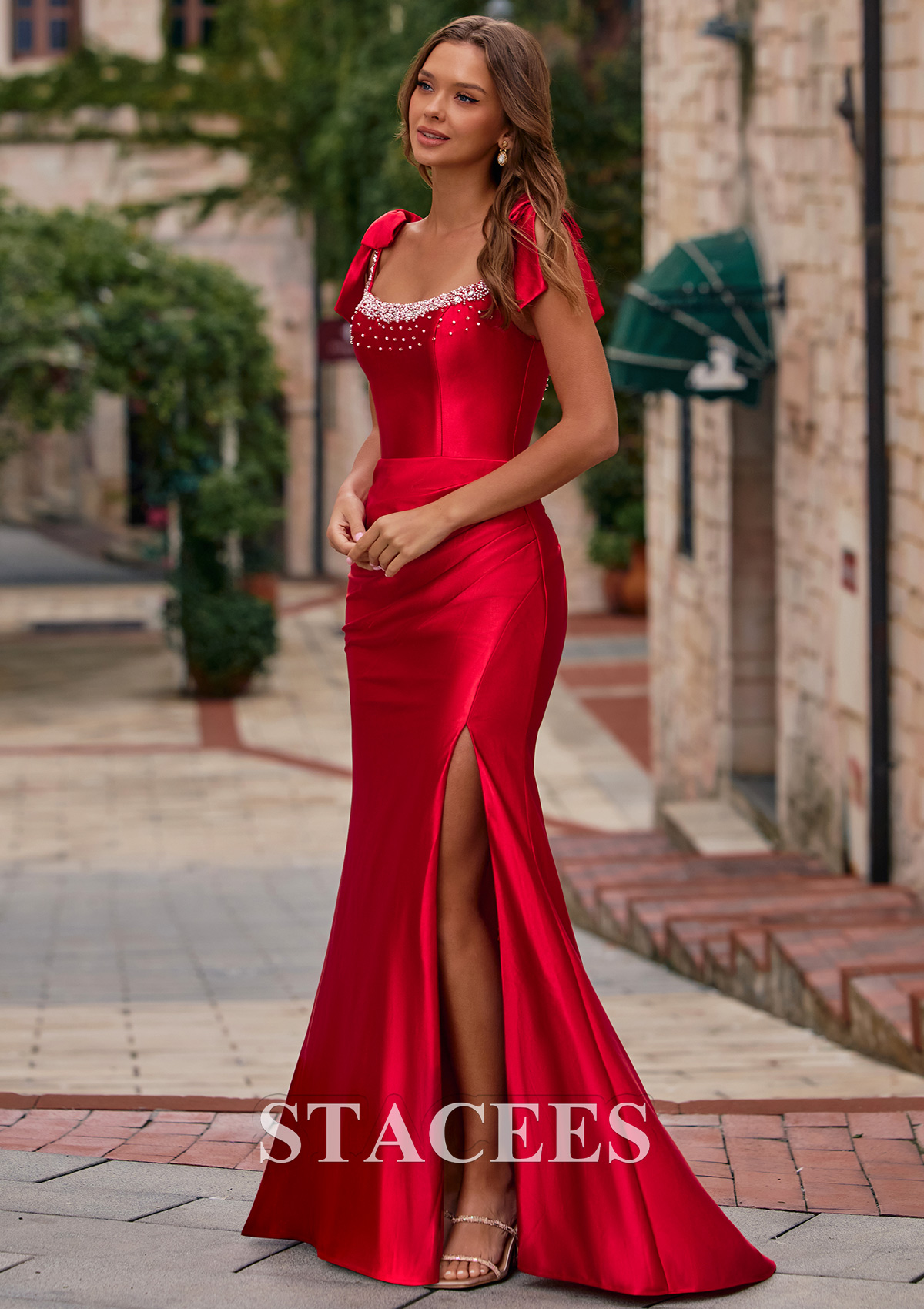 Red Mermaid Beaded Scoop Neck Ruched Slit Prom Dress with Bow Straps - STACEES