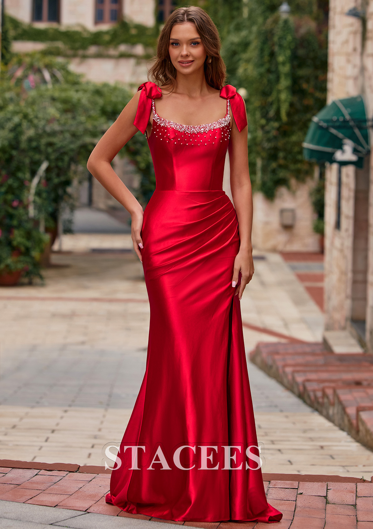 Red Mermaid Beaded Scoop Neck Ruched Slit Prom Dress with Bow Straps - STACEES
