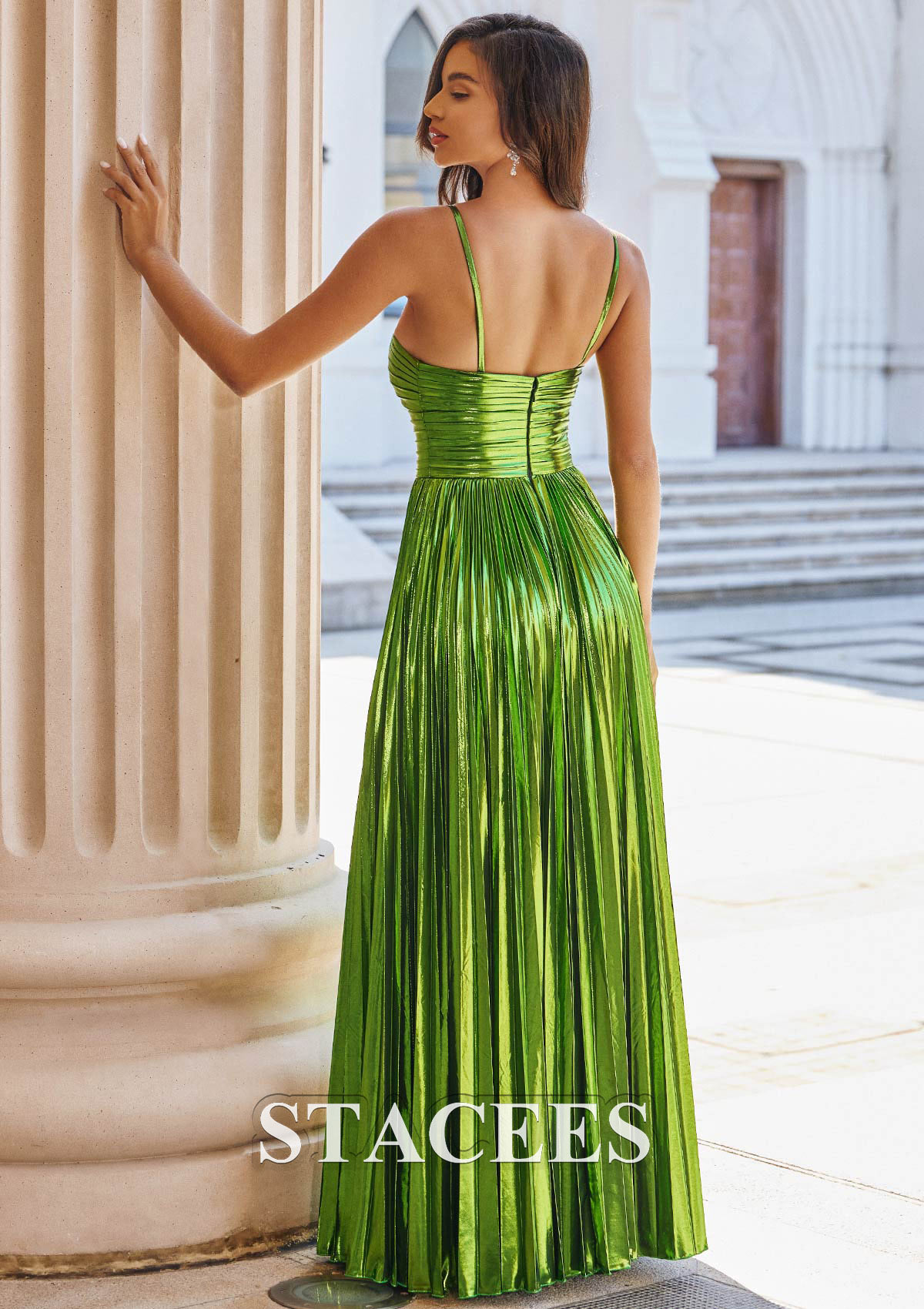 Lime Green A-line Sleeveless Floor-Length Metallic Prom Dress with Pleated Split - STACEES