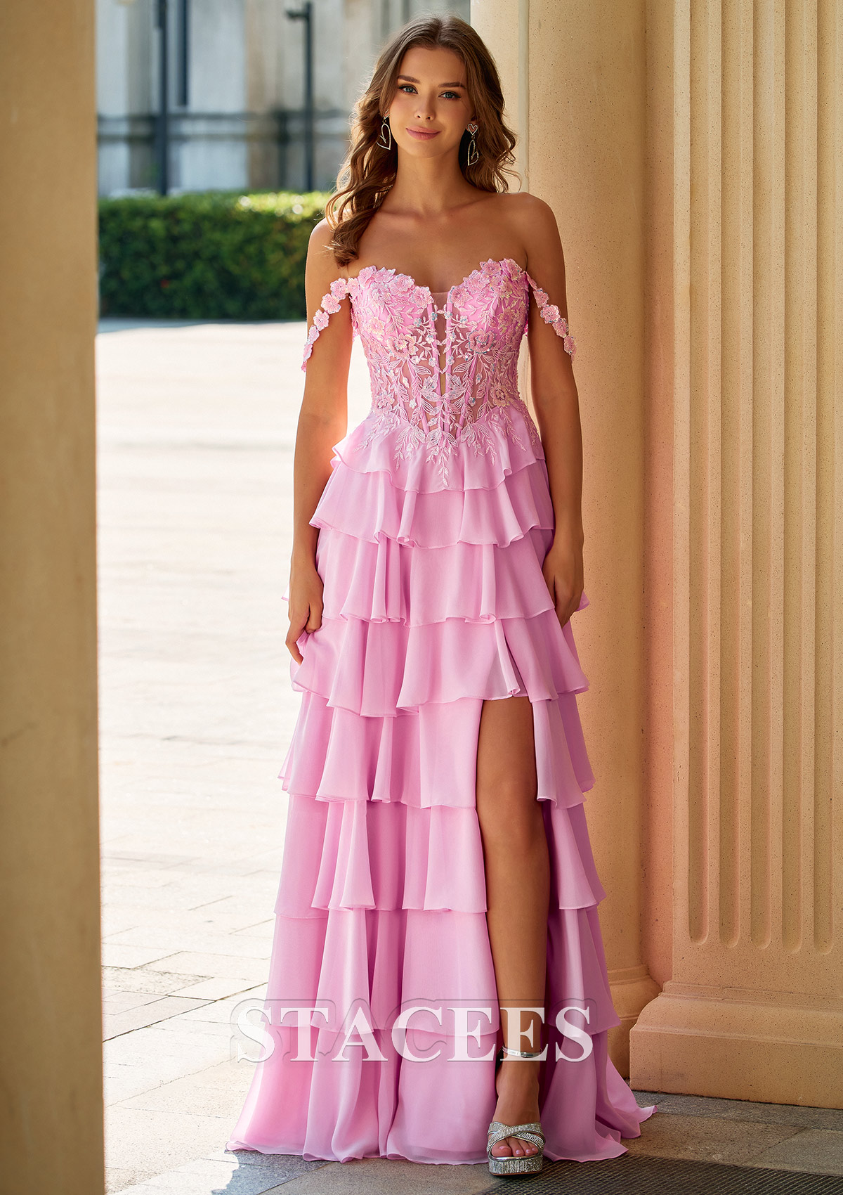Candy Pink A-line Off-the-Shoulder Tiered Ruffle Prom Dress with Floral Lace Corset - STACEES