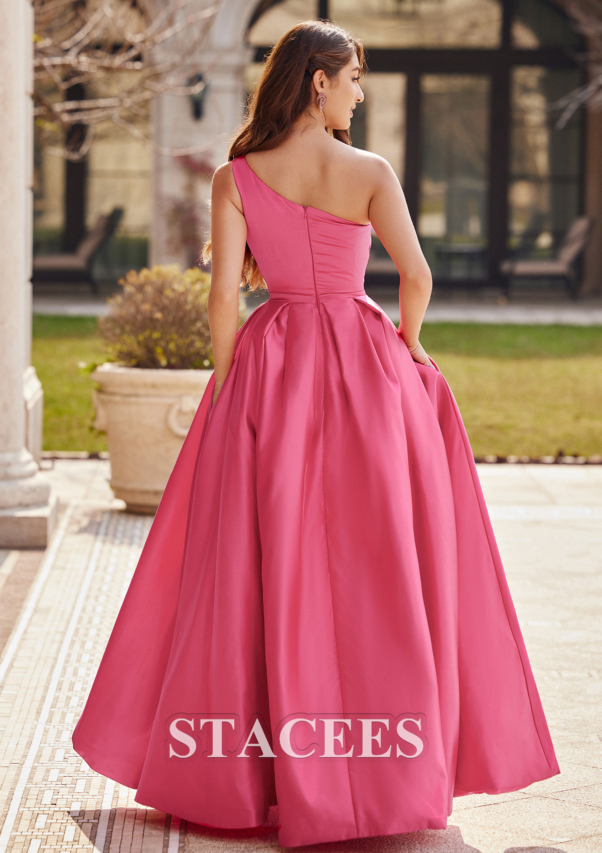 Azalea A-line One-Shoulder Floor-Length Satin Prom Dress with Pleated Pockets Split - STACEES