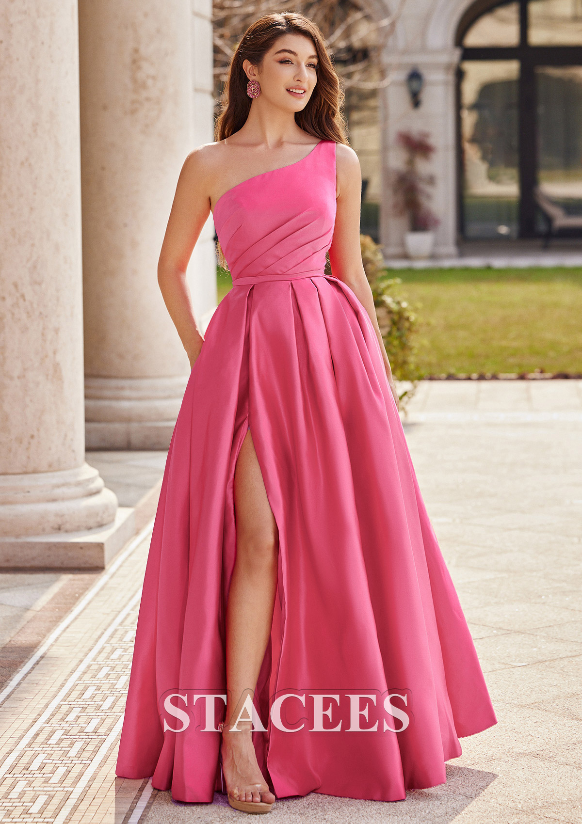 Azalea A-line One-Shoulder Floor-Length Satin Prom Dress with Pleated Pockets Split - STACEES
