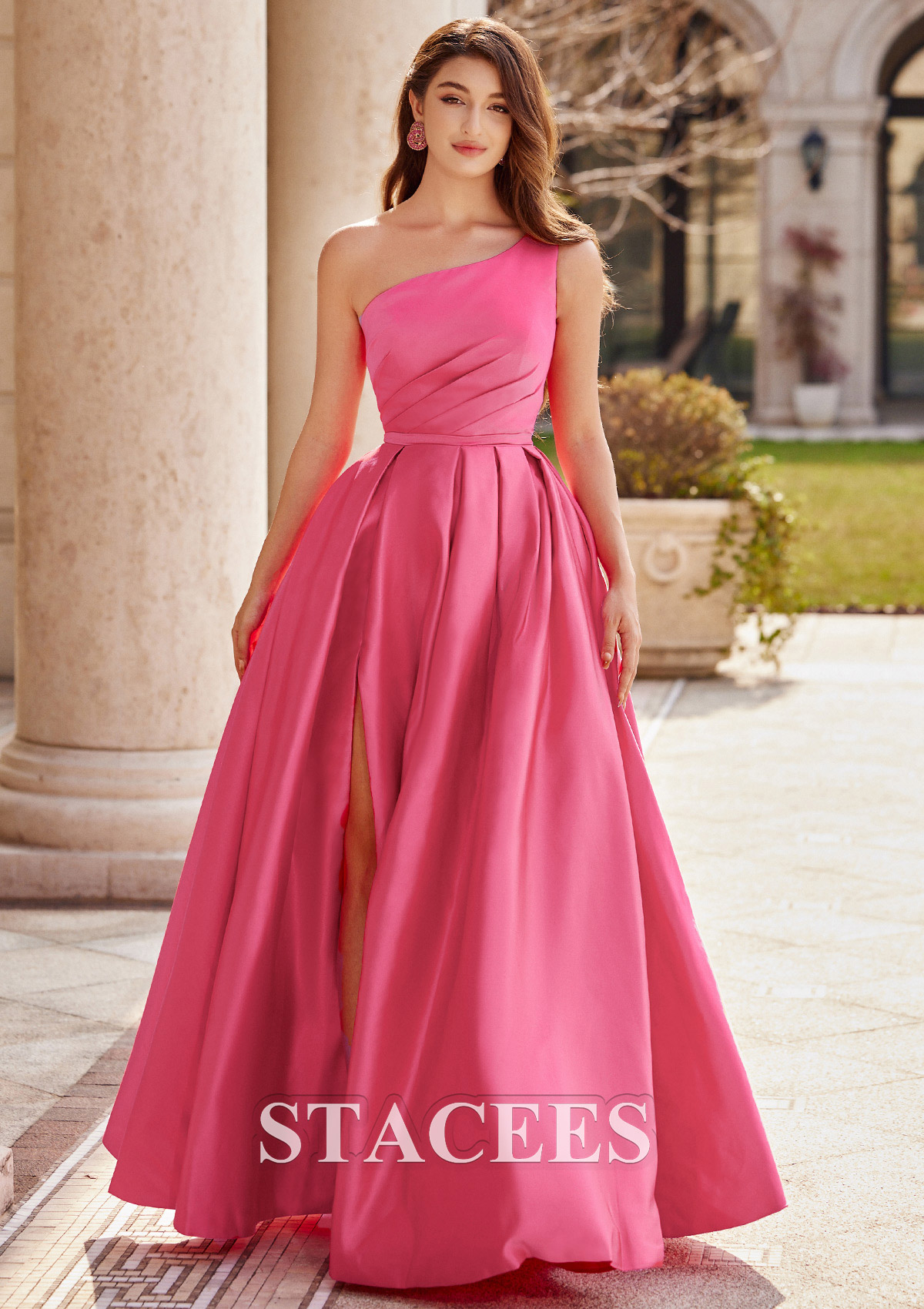 Azalea A-line One-Shoulder Floor-Length Satin Prom Dress with Pleated Pockets Split - STACEES