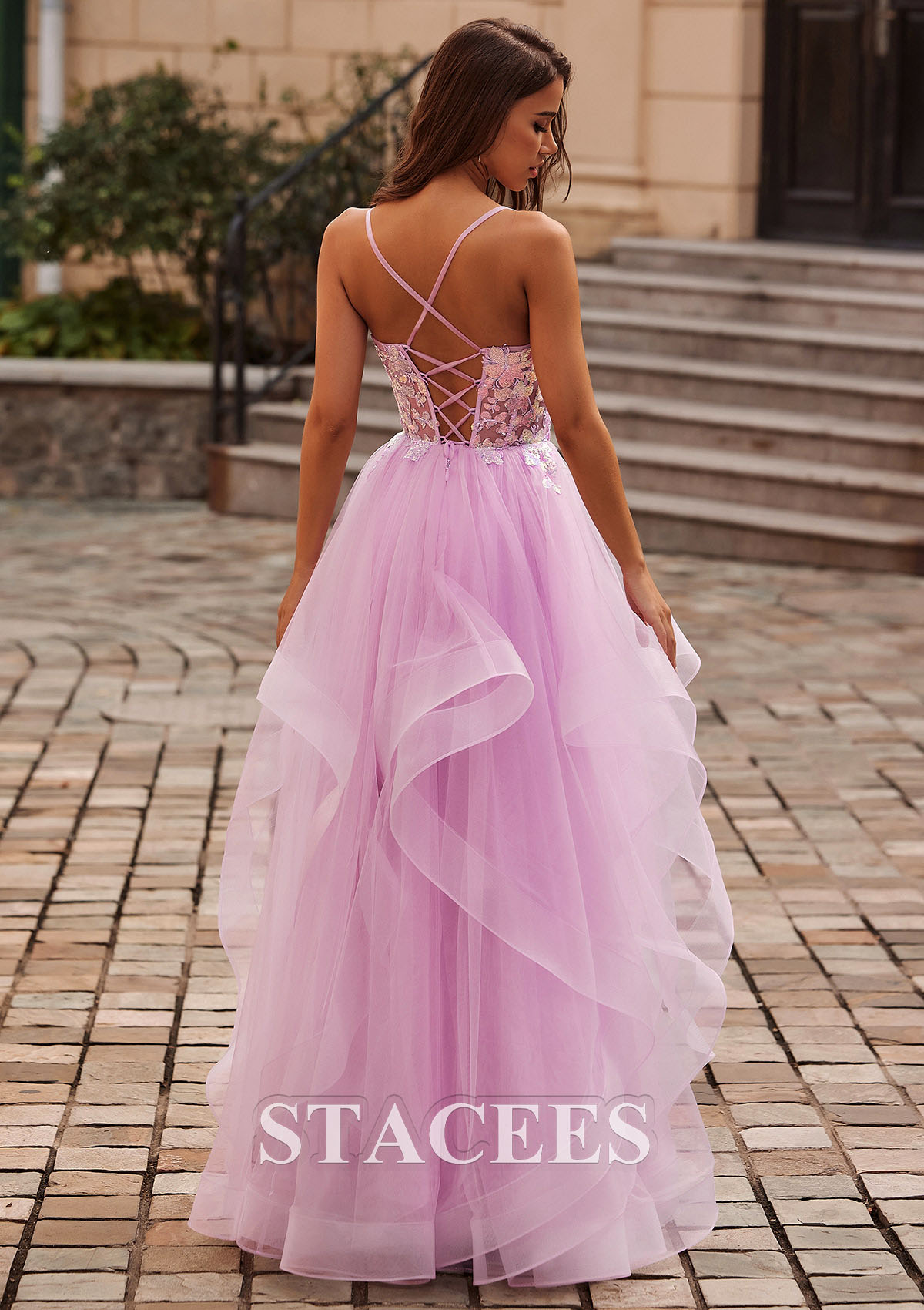 Lilac A-line Scoop Neck Tulle Floor-Length Prom Dress with Appliqued Ruffles Sequins - STACEES
