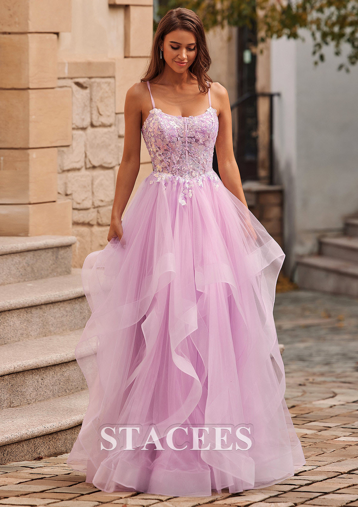 Lilac A-line Scoop Neck Tulle Floor-Length Prom Dress with Appliqued Ruffles Sequins - STACEES