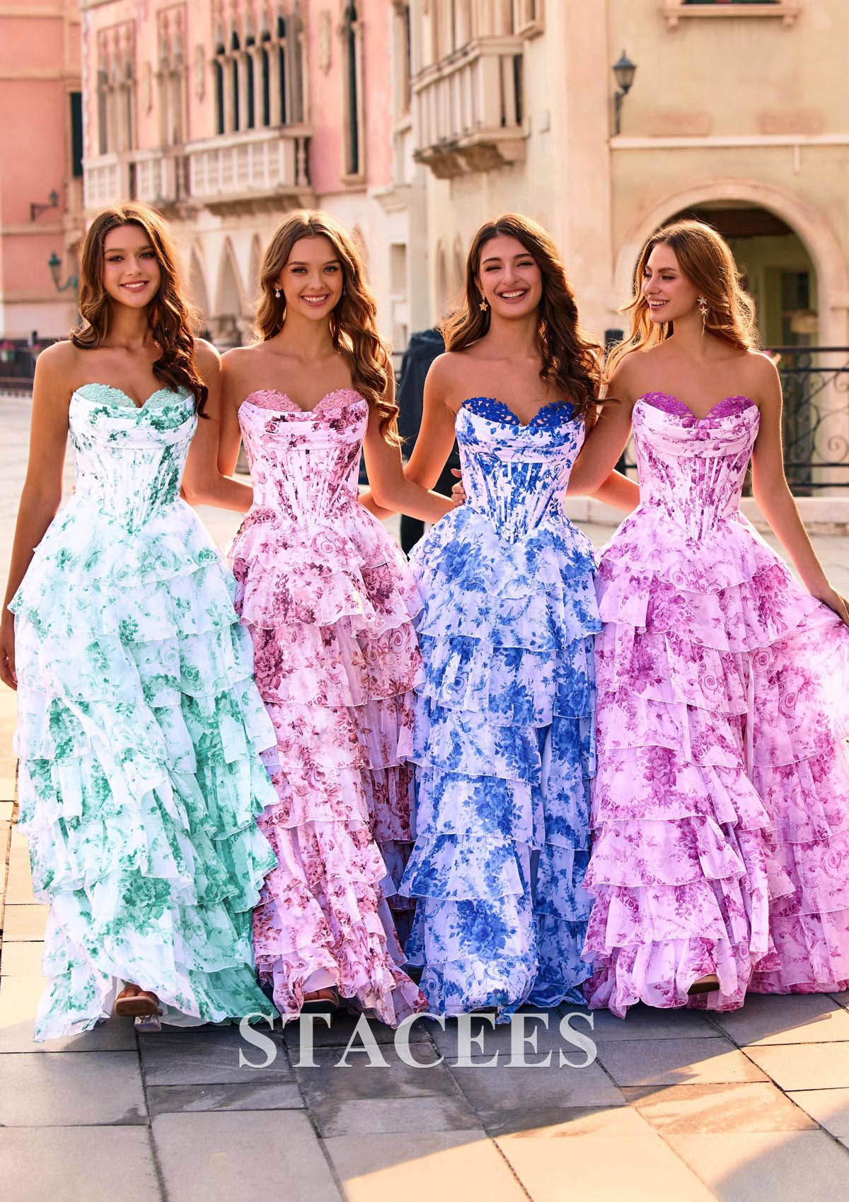 Purple Floral Trapèze cache coeur mousseline traîne balayage robe de bal avec appliqué plissé volants - STACEES